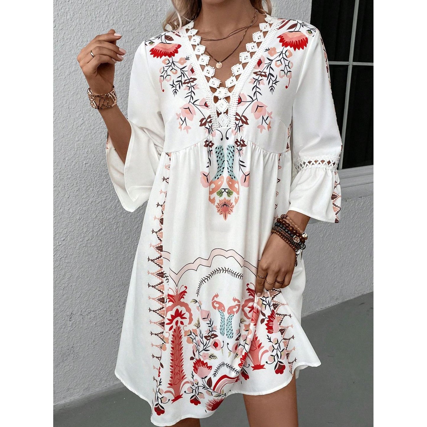 Lace Detail Printed Three-Quarter Sleeve Dress