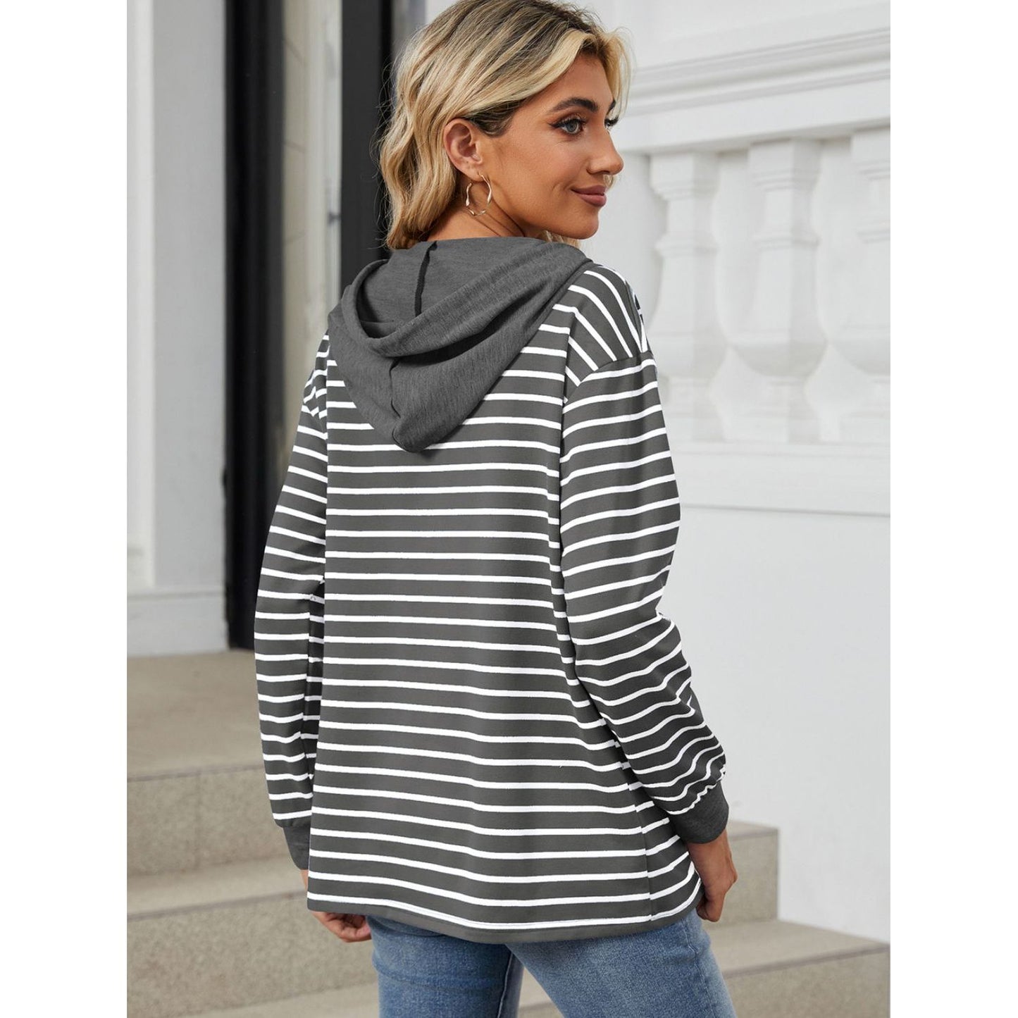 Drawstring Striped Long Sleeve Hoodie