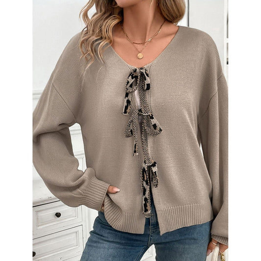 Perfee Tied Contrast Heart V-Neck Long Sleeve Cardigan