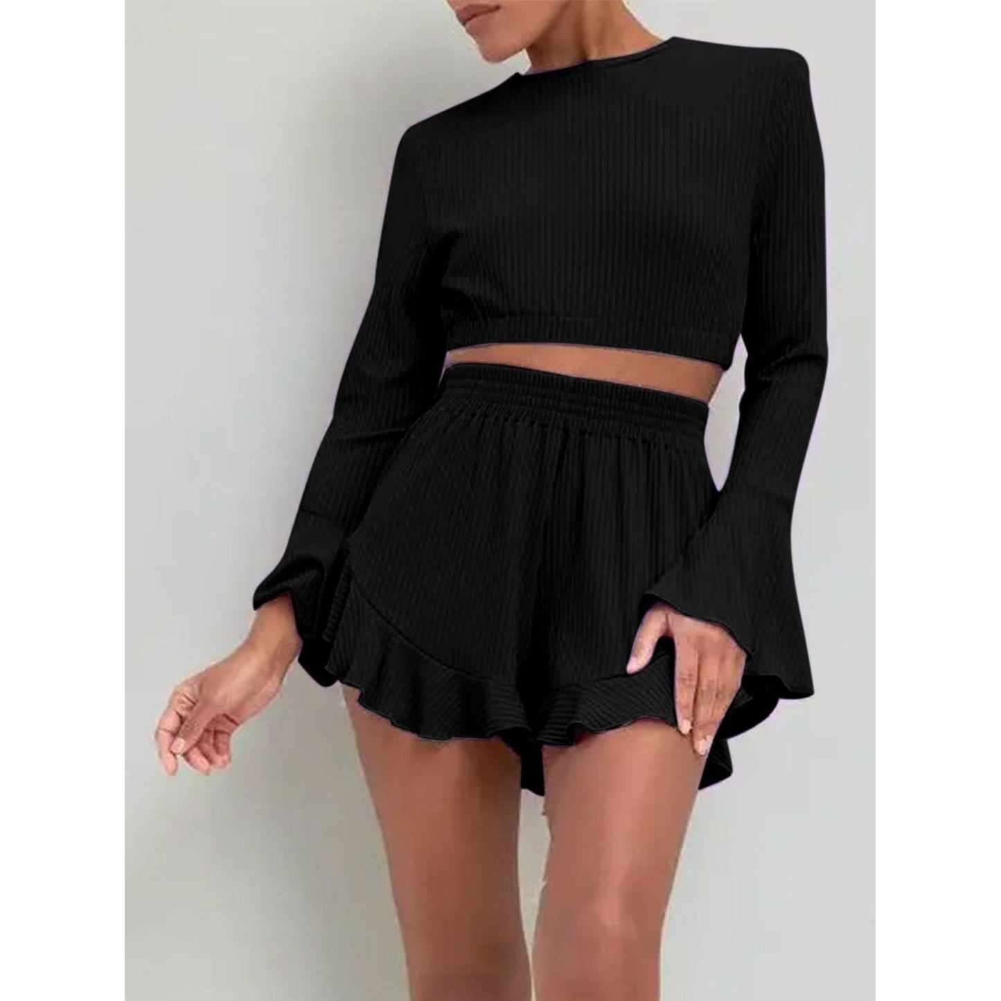 Round Neck Long Sleeve Top and Ruffled Shorts Set