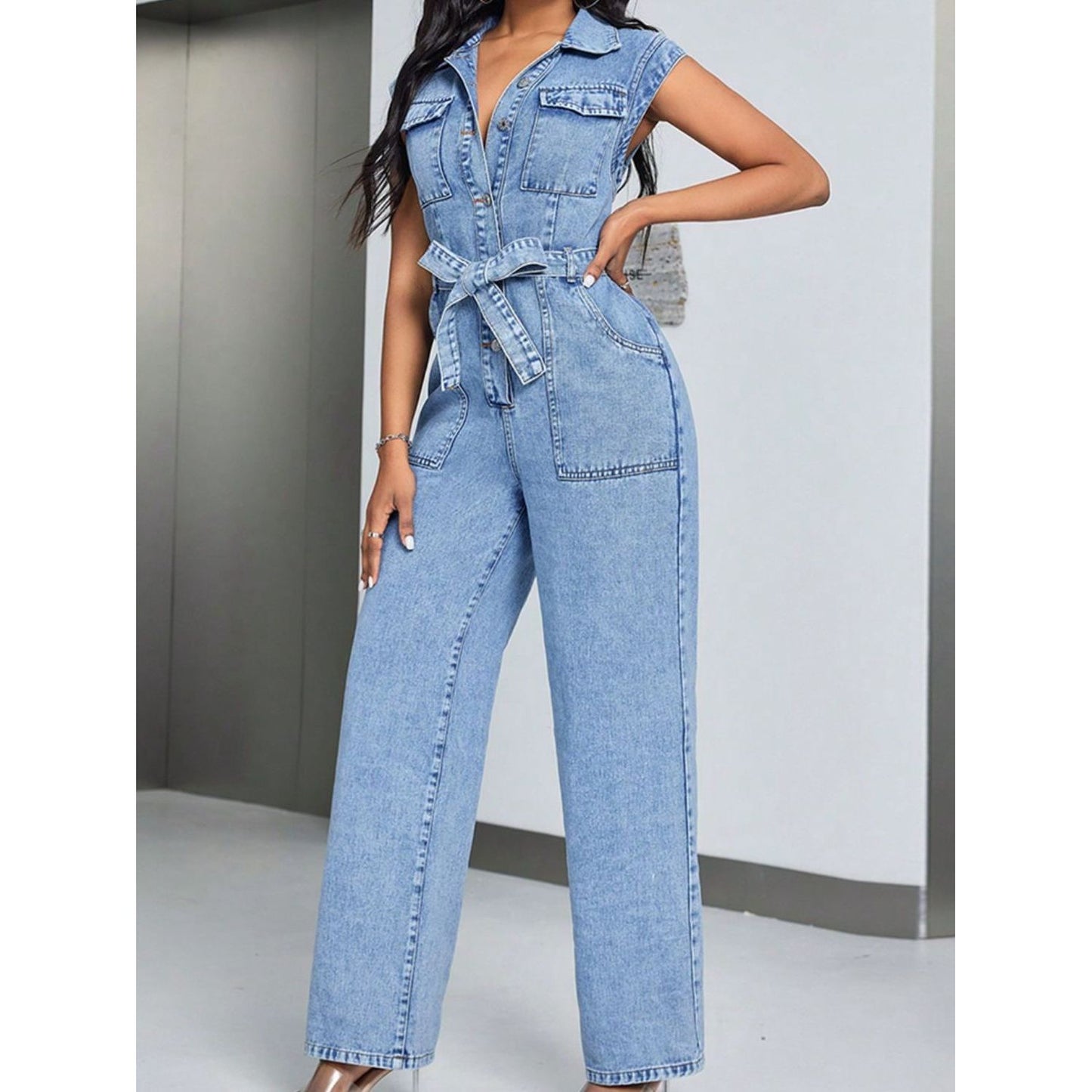 Tied Half Button Denim Jumpsuit with Pockets