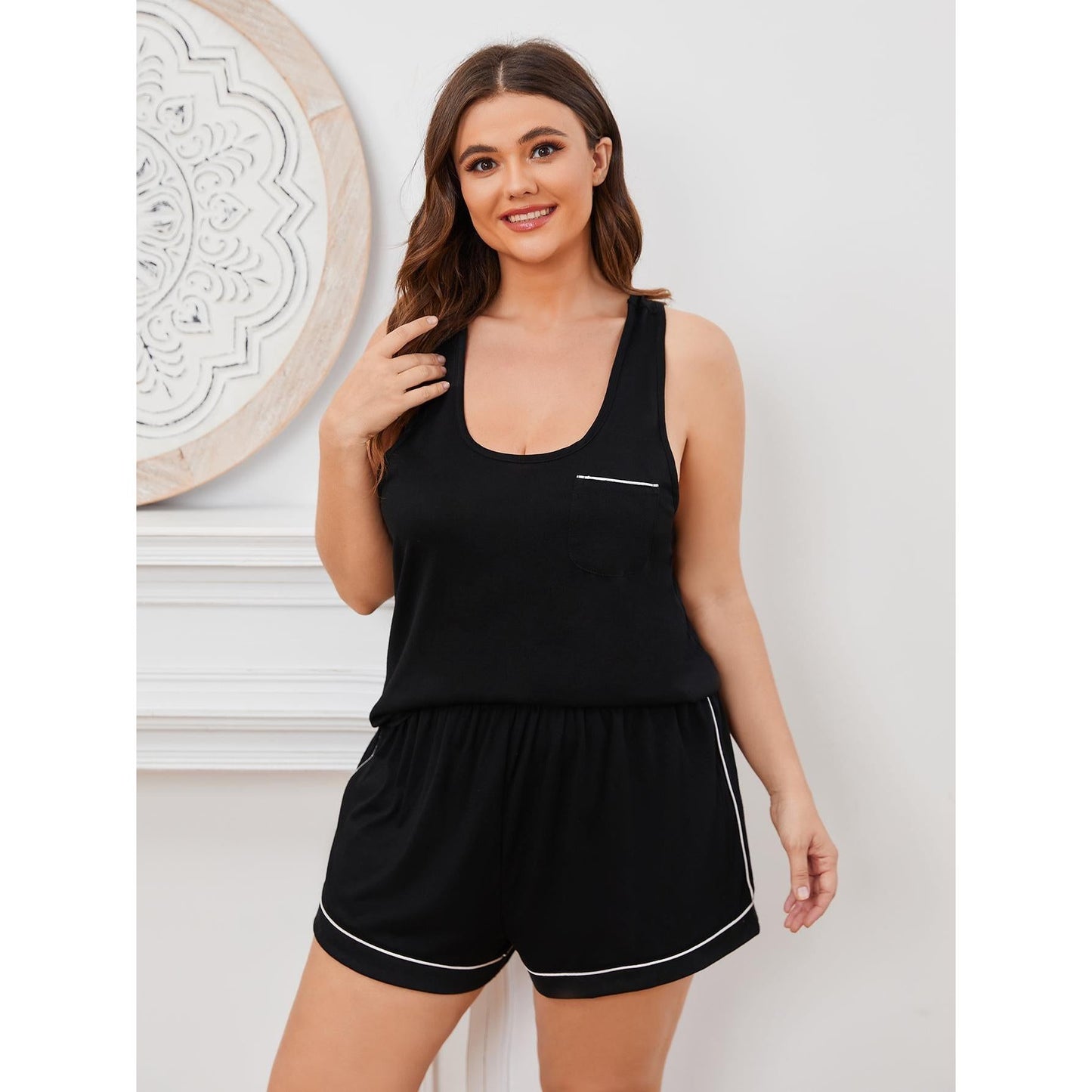 Plus Size Contrast Piping Racerback Tank and Shorts Lounge Set