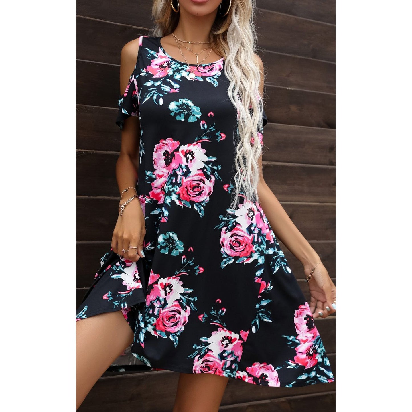 Floral Round Neck Cold-Shoulder Dress