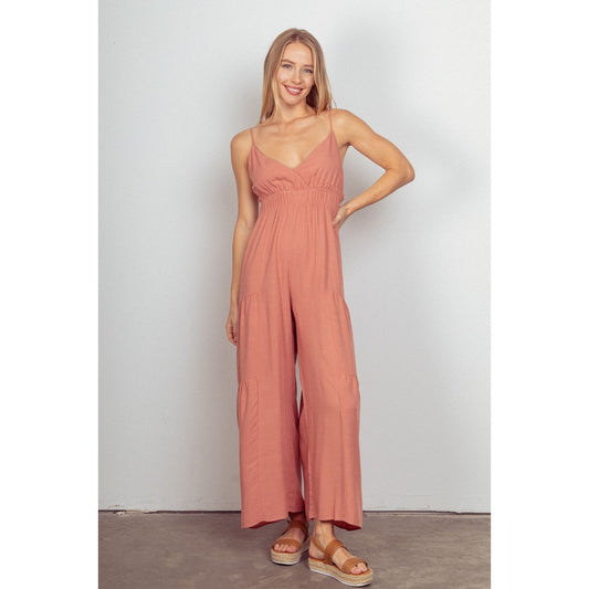 VERY J Sleeveless Ruched Wide Leg Jumpsuit