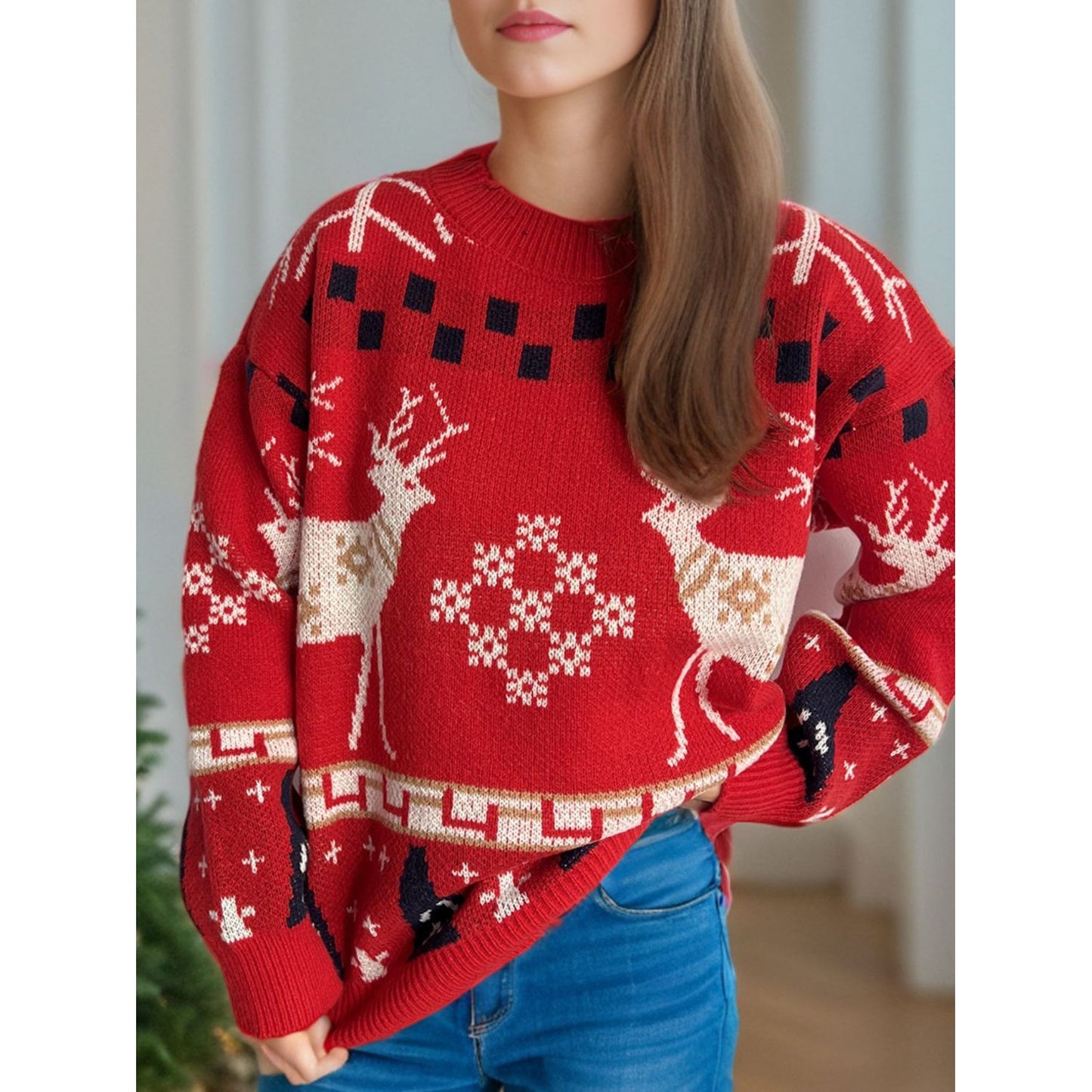 Christmas Element Round Neck Long Sleeve Sweater