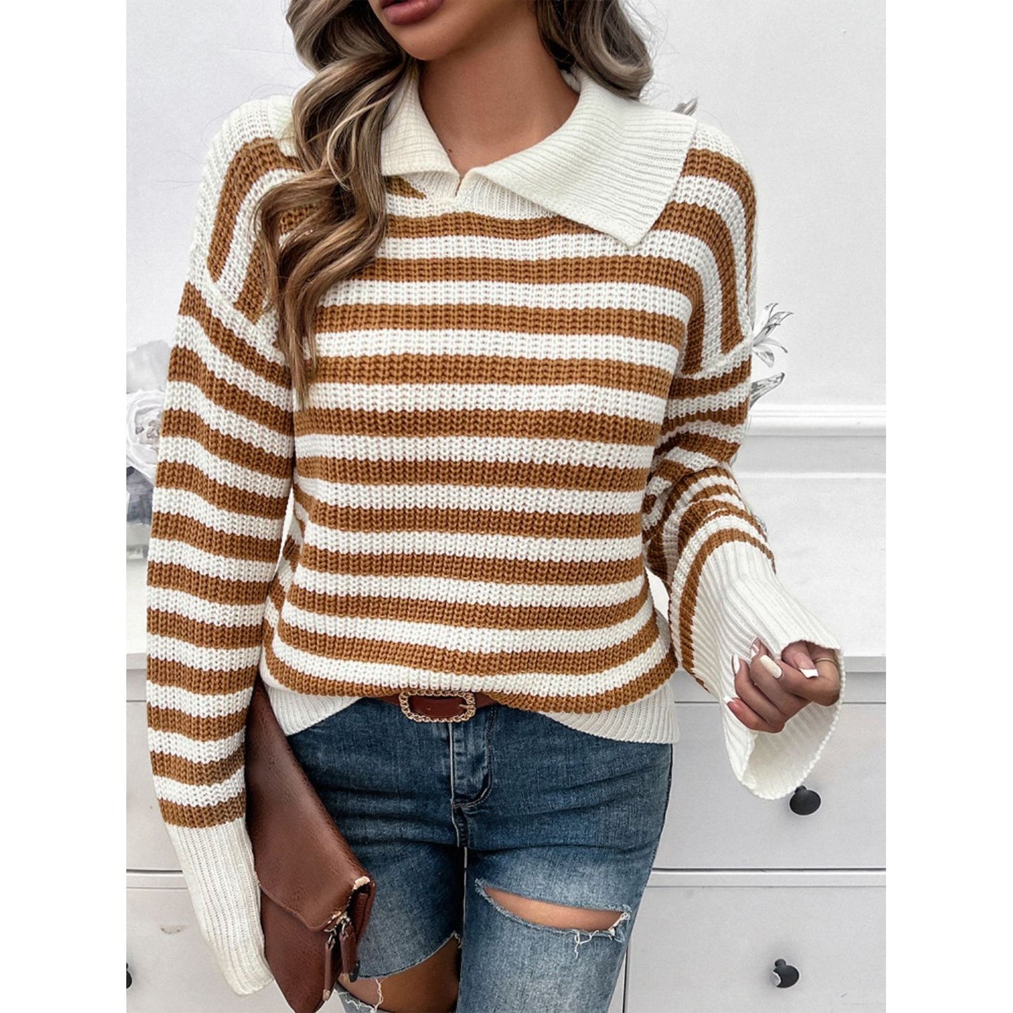 Devine Striped Collared Neck Long Sleeve Sweater