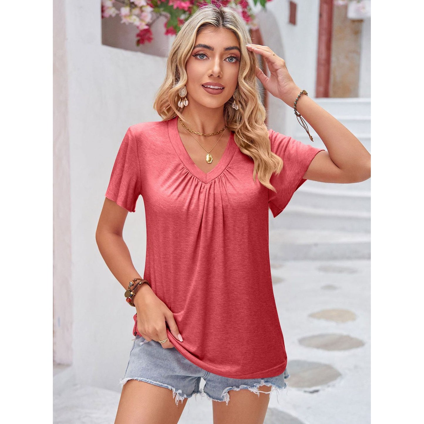 Double Take Ruched V-Neck Short Sleeve T-Shirt