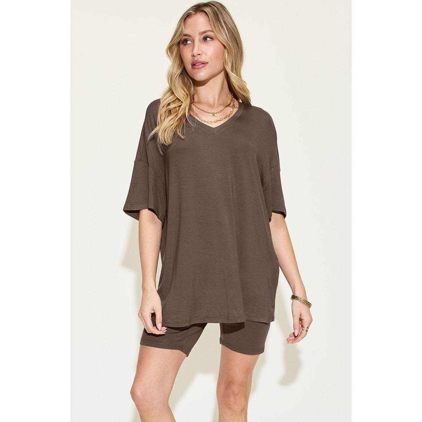 Basic Bae Full Size V-Neck Drop Shoulder T-Shirt and Shorts Set