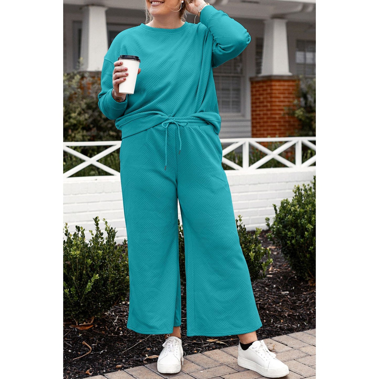 Double Take Full Size Textured Long Sleeve Top and Drawstring Pants Set