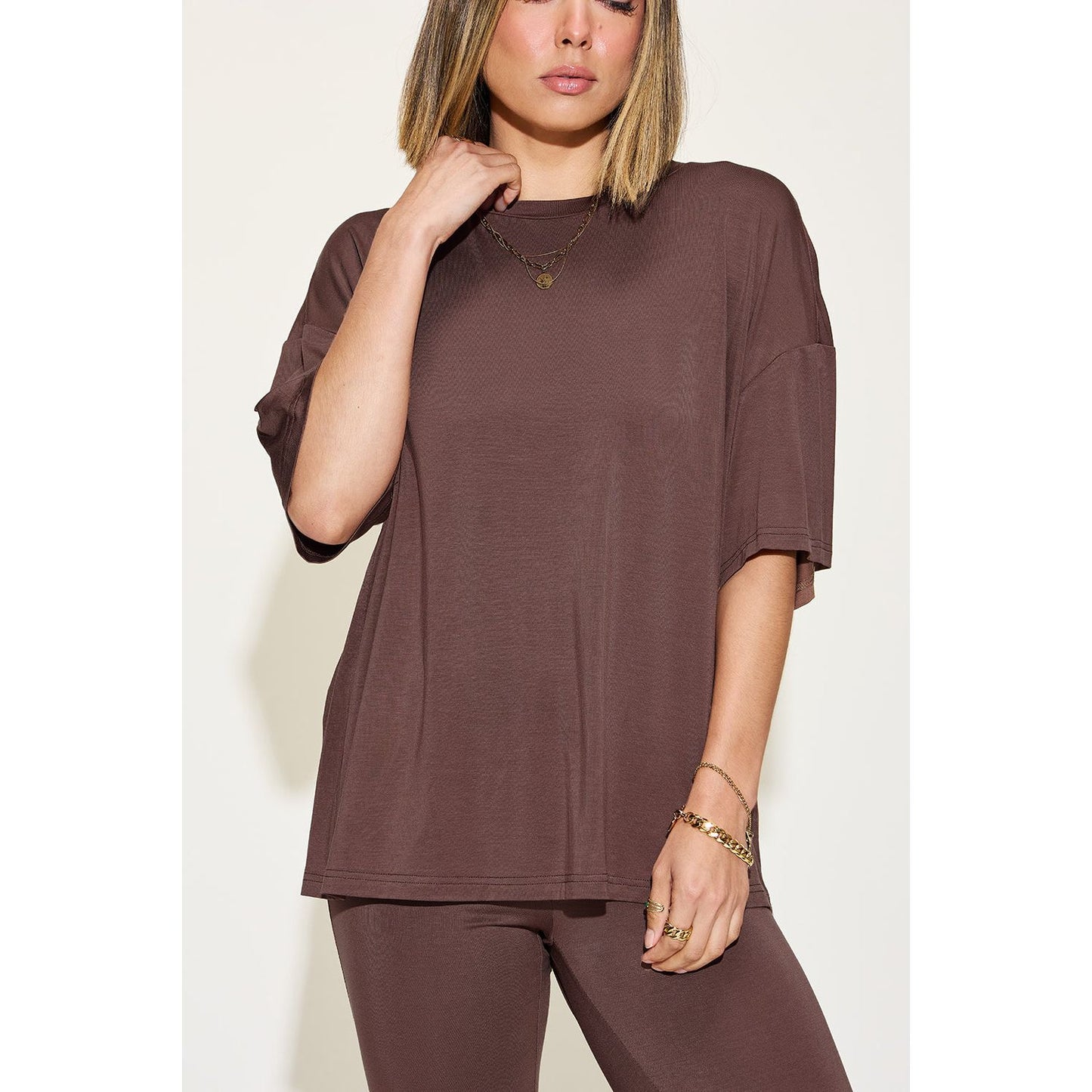 Basic Bae Full Size Bamboo Drop Shoulder T-Shirt and Flare Pants Set