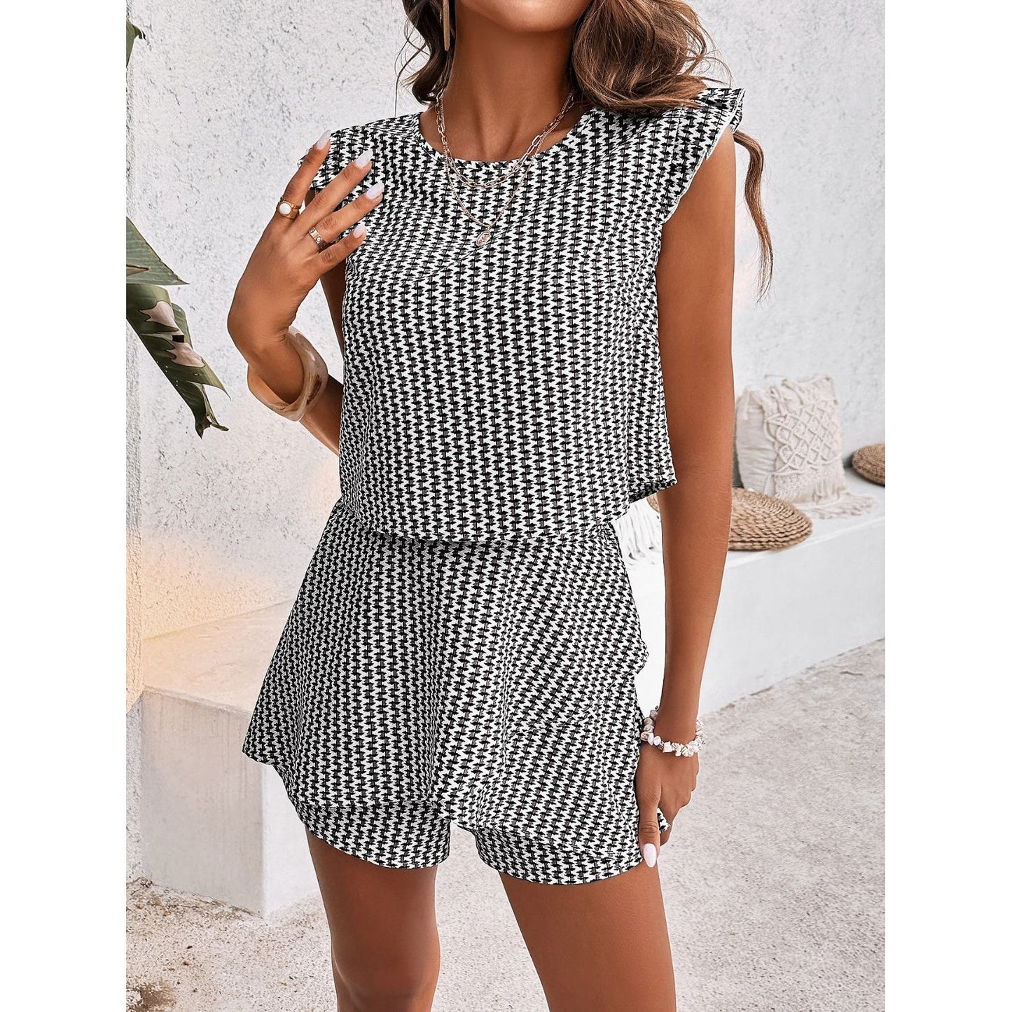 Printed Round Neck Top and Layered Shorts Set