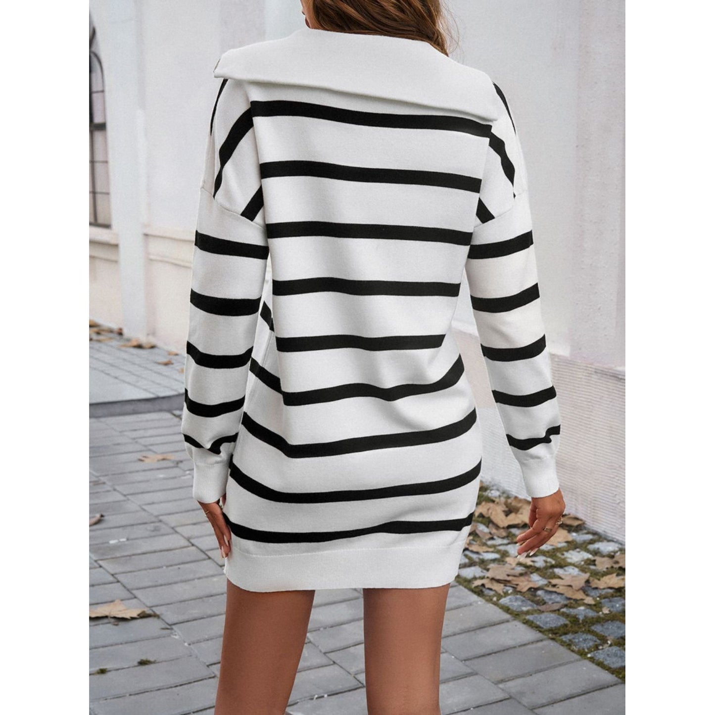 Devine Quarter Zip Striped Long Sleeve Sweater Dress