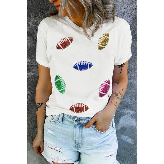 Sequin Football Round Neck Short Sleeve T-Shirt