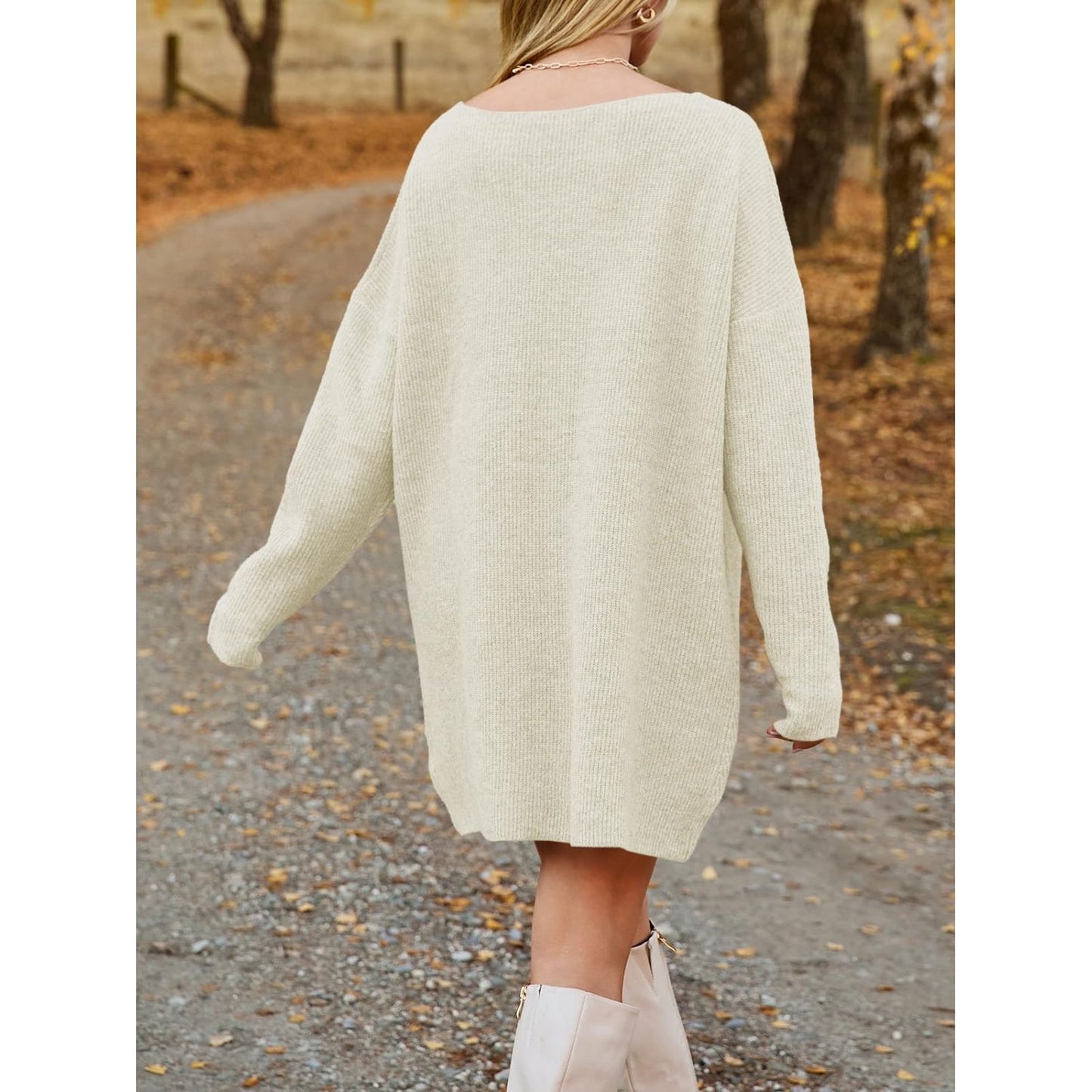 V-Neck Dropped Shoulder Sweater Dress