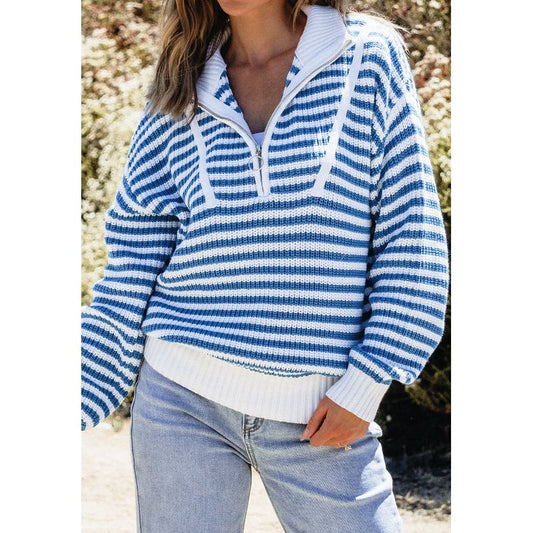 Striped Half Zip Mock Neck Long Sleeve Sweater