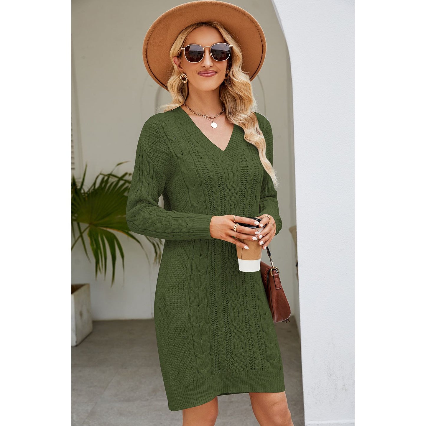 Cable-Knit Long Sleeve Sweater Dress