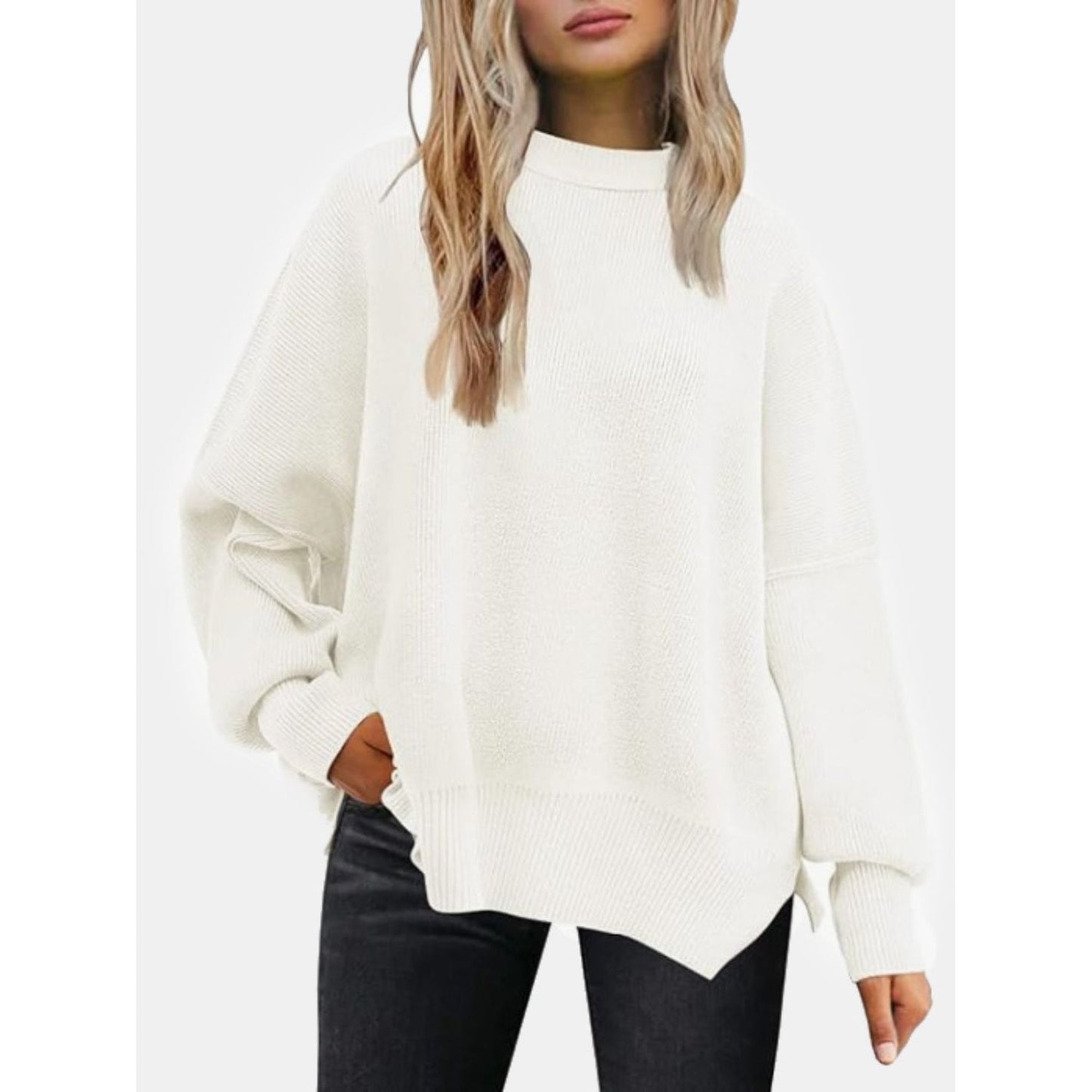 Round Neck Drop Shoulder Slit Sweater