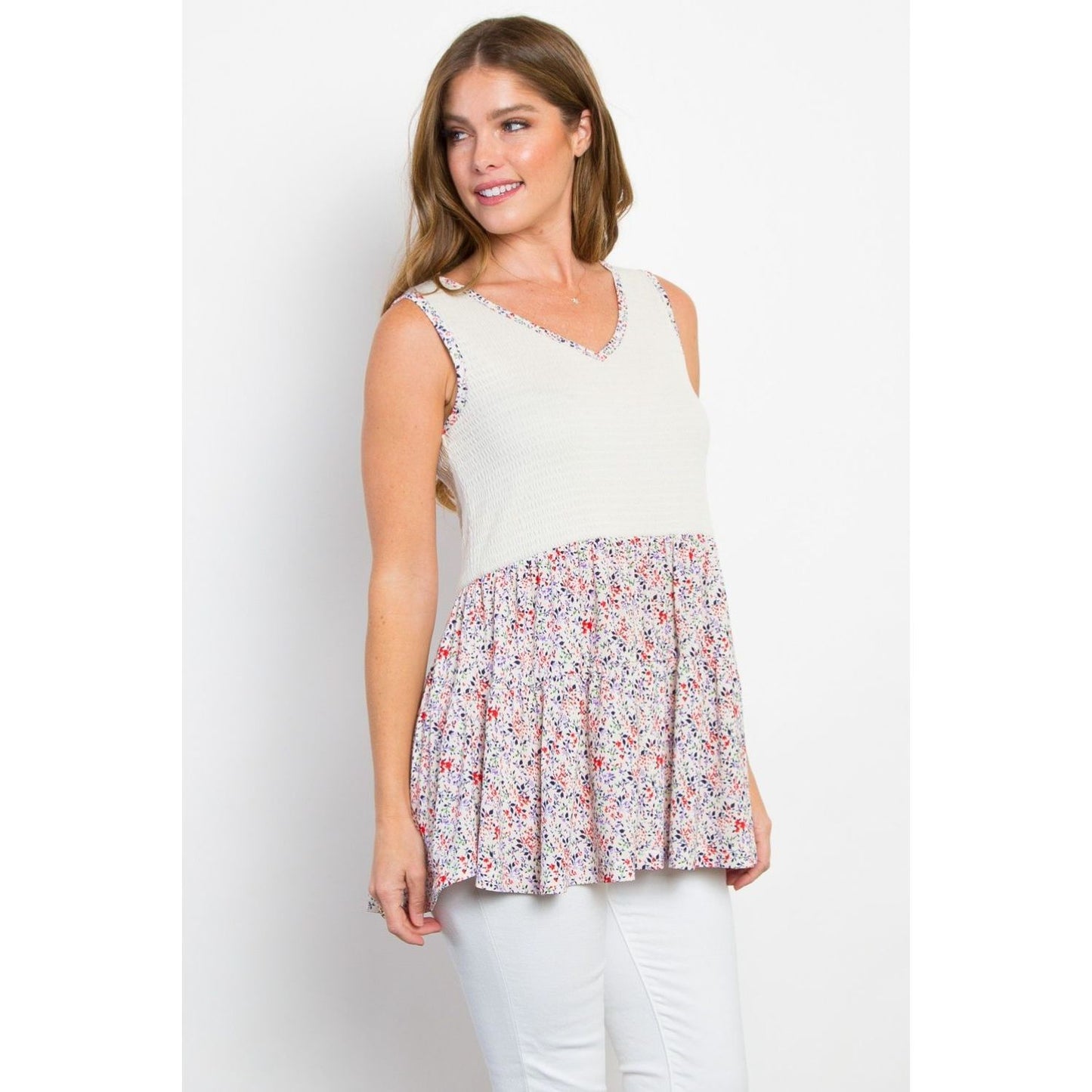 Be Stage Full Size Smocked Printed Peplum Sleeveless Top