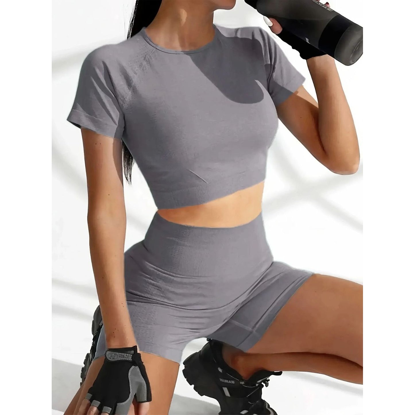 Round Neck Short Sleeve Top and Shorts Active Set