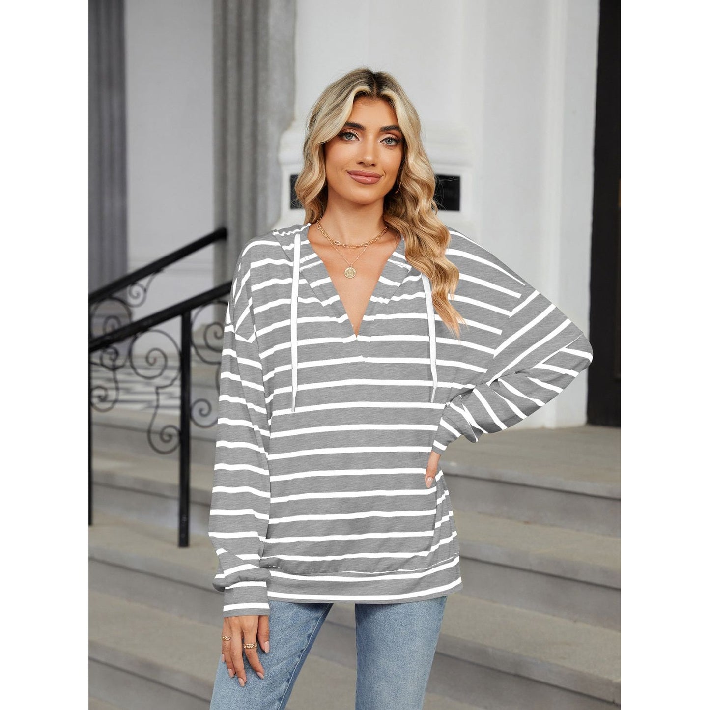 Drawstring Striped Long Sleeve Hoodie