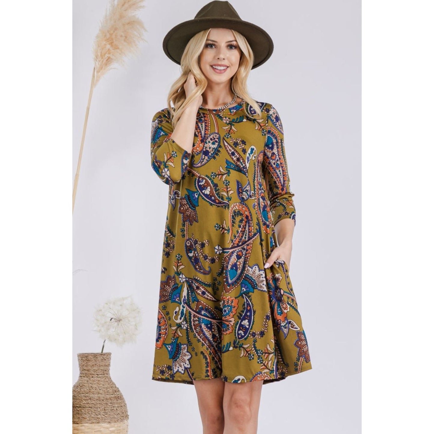 Celeste Full Size Paisley Print Round Neck Dress with Pockets