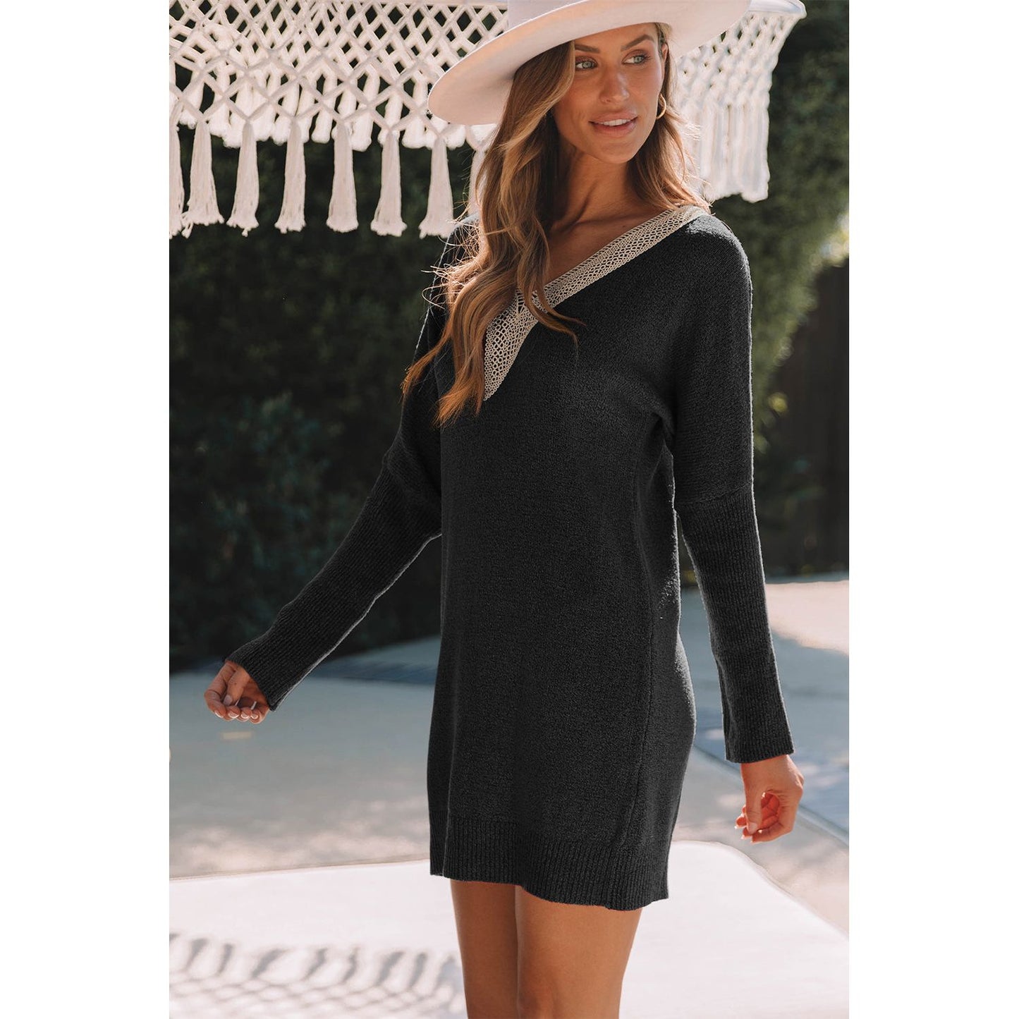 V-Neck Long Sleeve Mini Sweater Dress