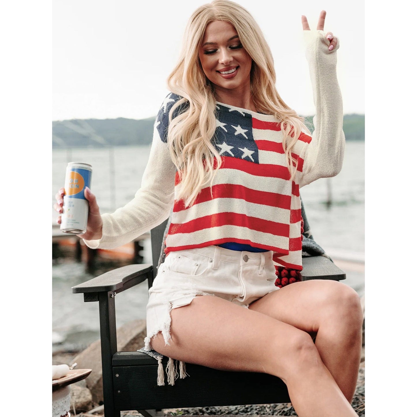 Perfee US Flag Boat Neck Long Sleeve Knit Top