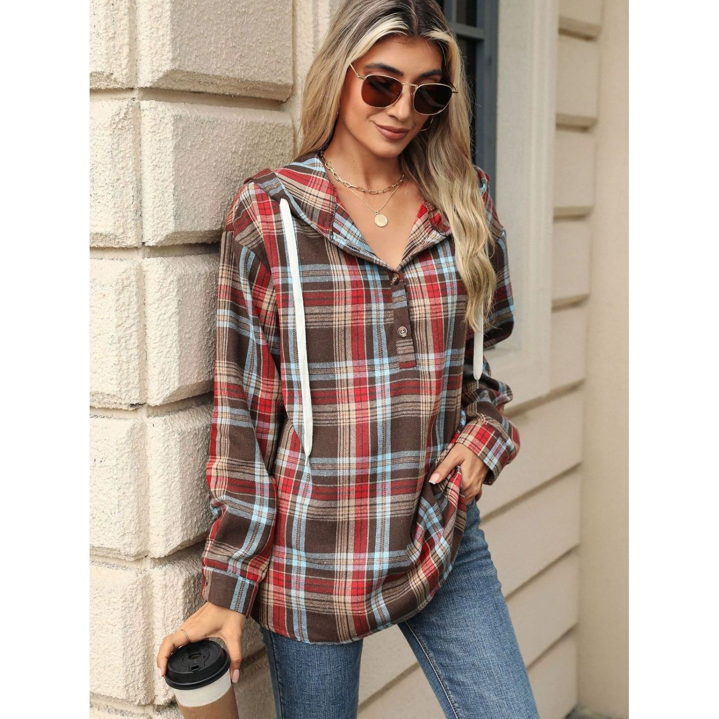 Drawstring Plaid Hooded Long Sleeve Top