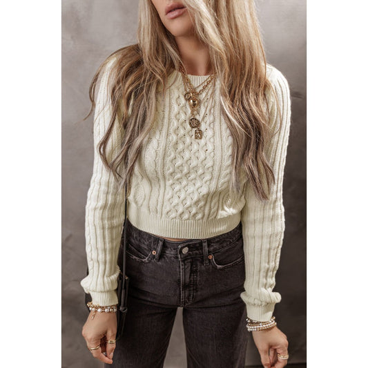 Cable-Knit Round Neck Long Sleeve Sweater