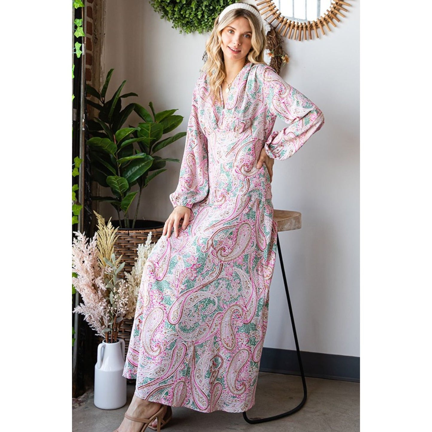 First Love Paisley Print Tie-Back Long Sleeve Maxi Dress