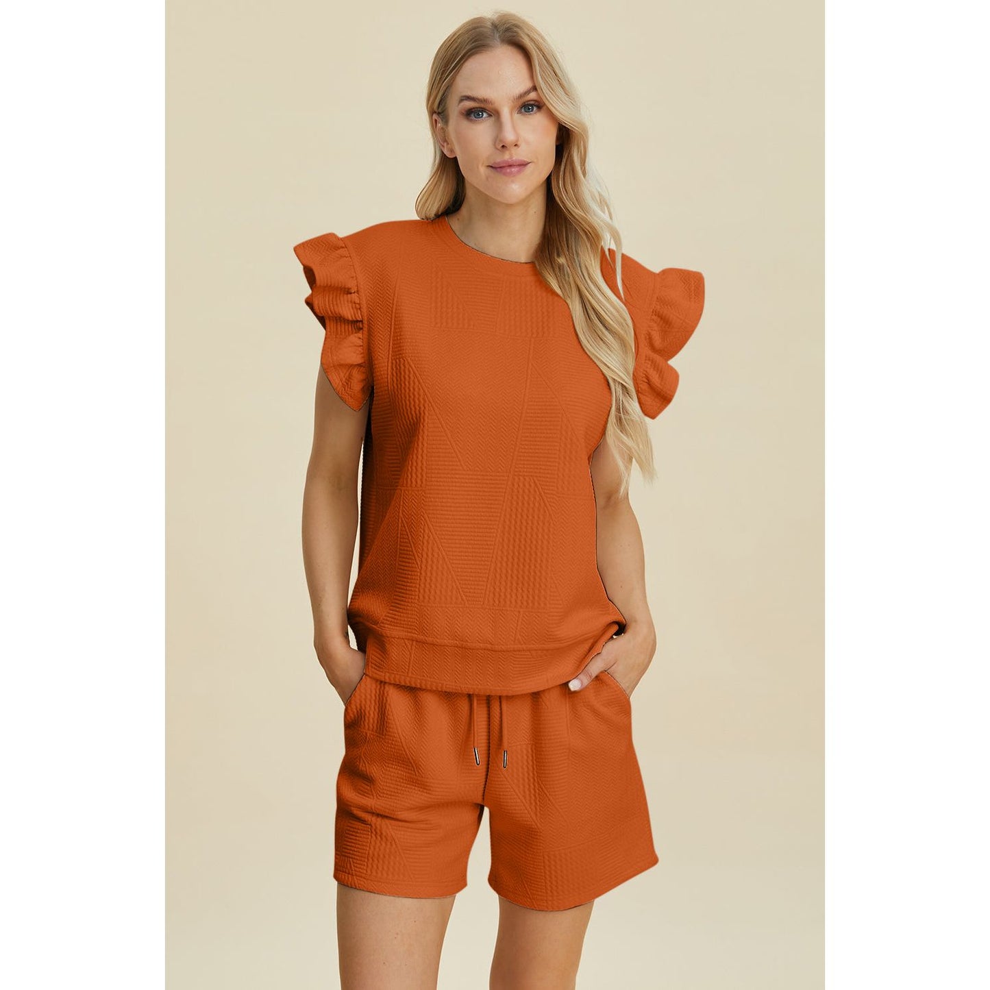 Double Take Full Size Texture Round Neck Ruffle Sleeve Top and Shorts Set