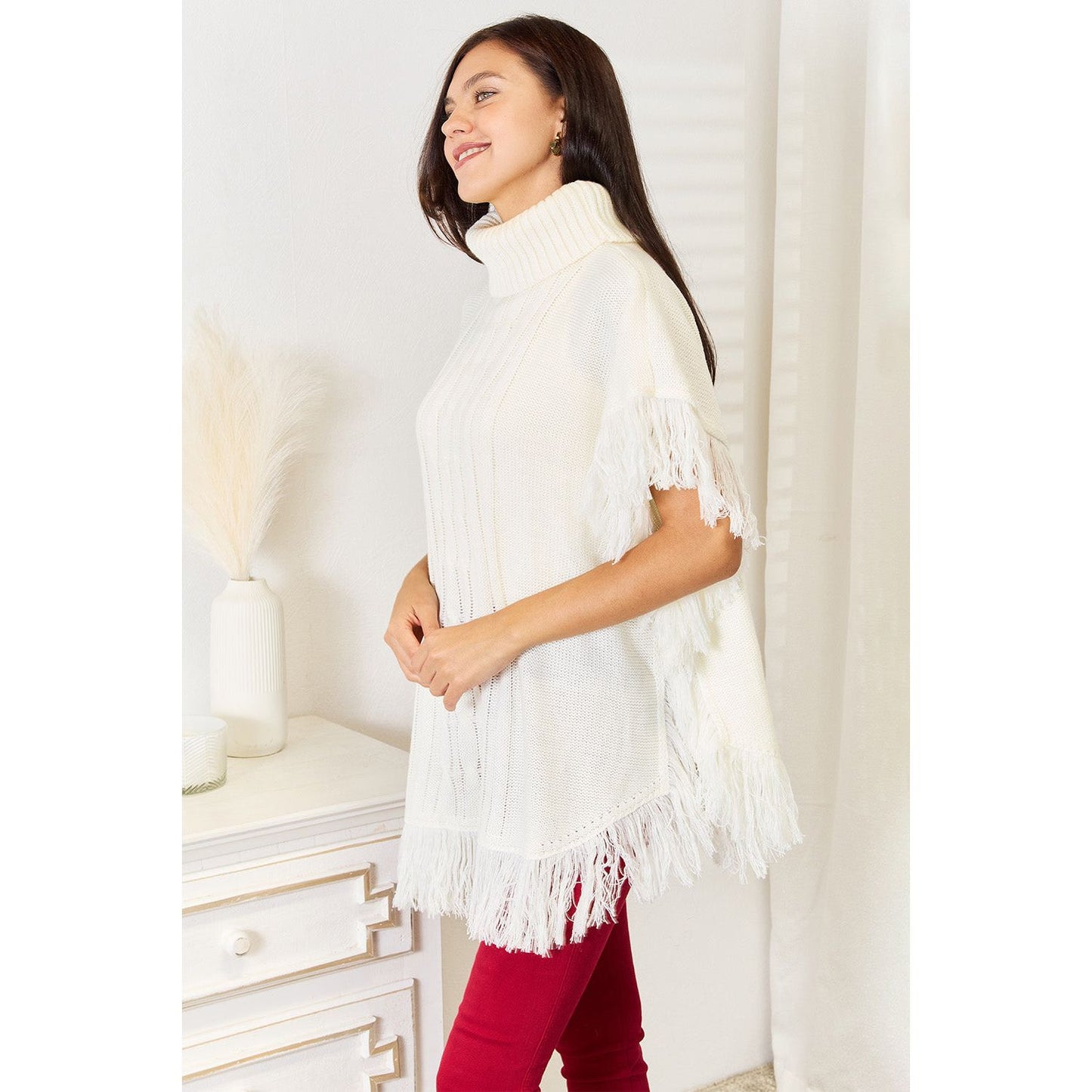 Justin Taylor Turtle Neck Fringe Poncho