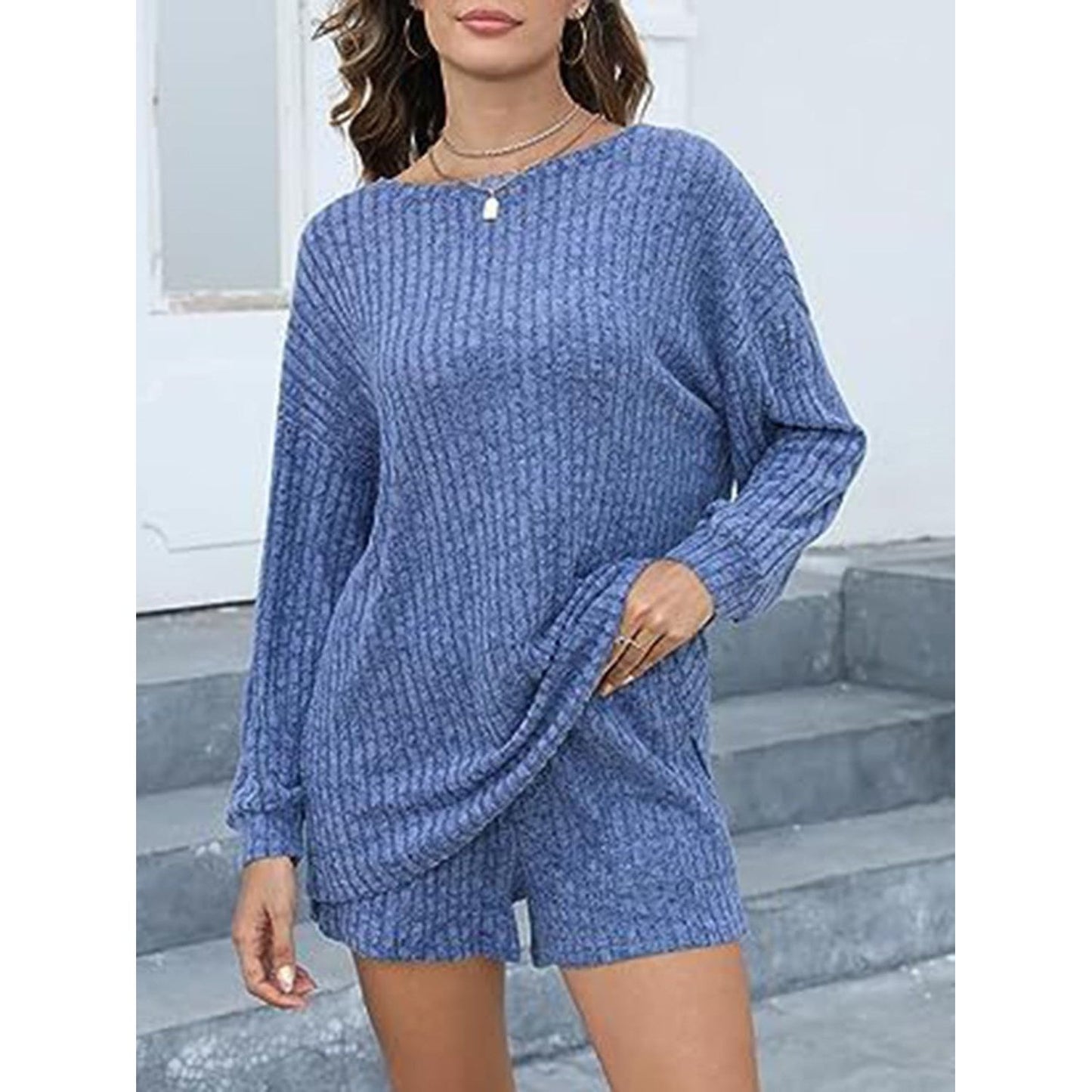 Round Neck Dropped Shoulder Top and Shorts Set