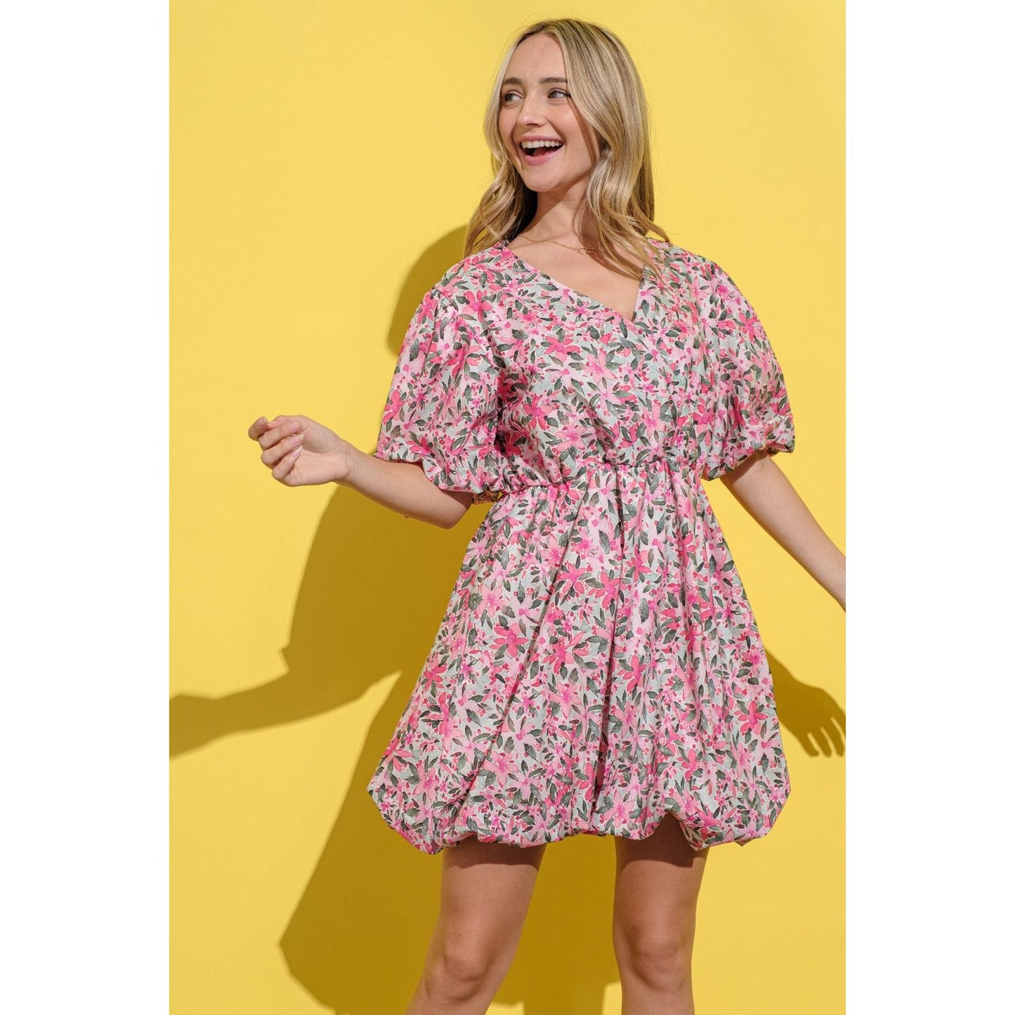 And The Why Full Size Floral Surplice Puff Sleeve Dress