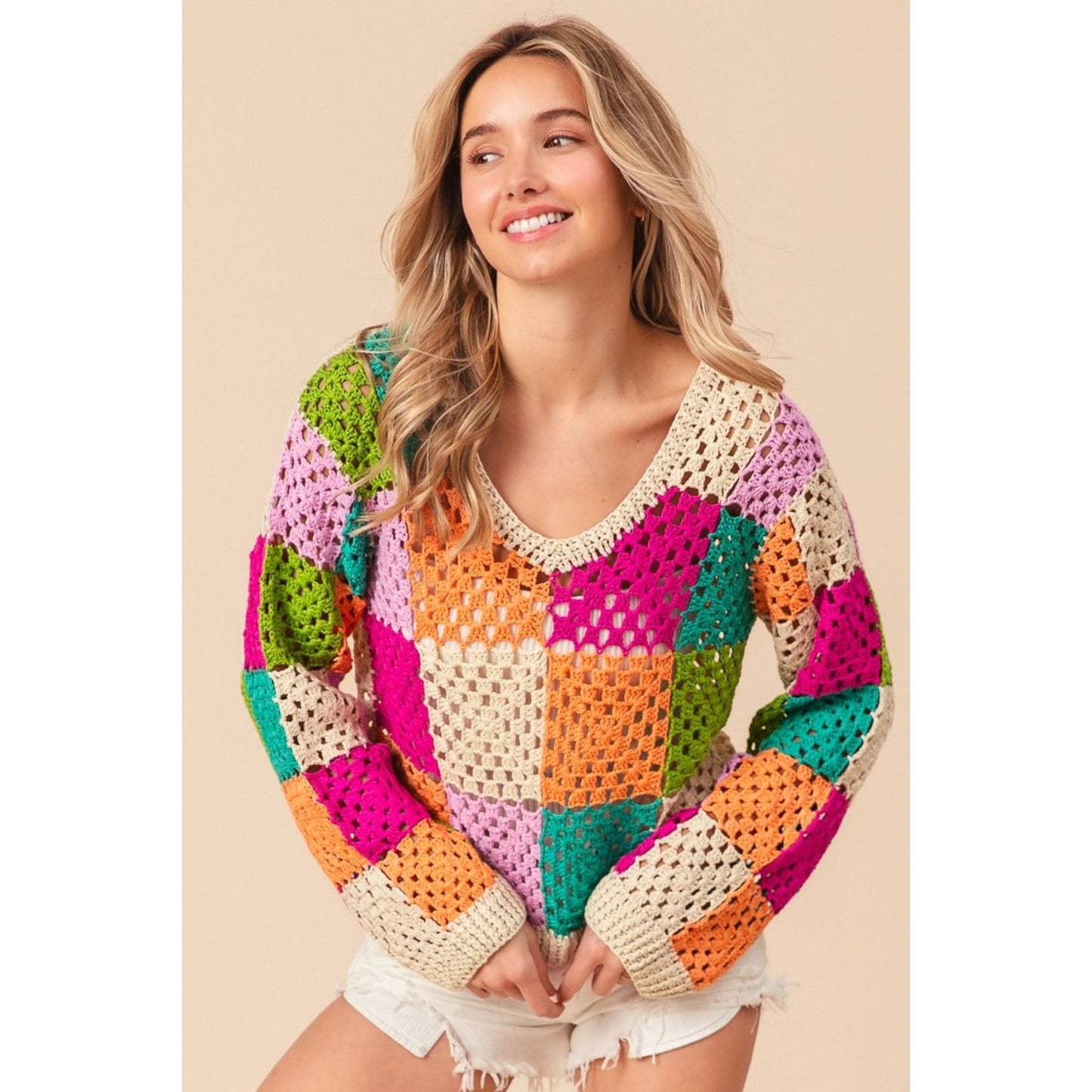 BiBi Multi Color Checkered Long Sleeve Knit Top