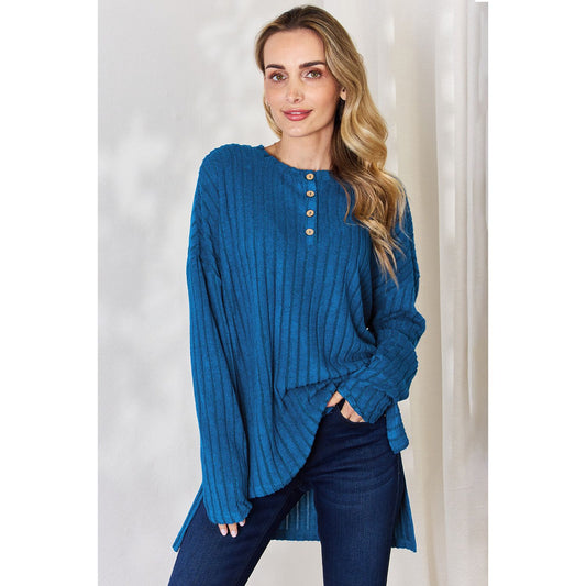 Basic Bae Full Size Ribbed Half Button Long Sleeve High-Low T-Shirt