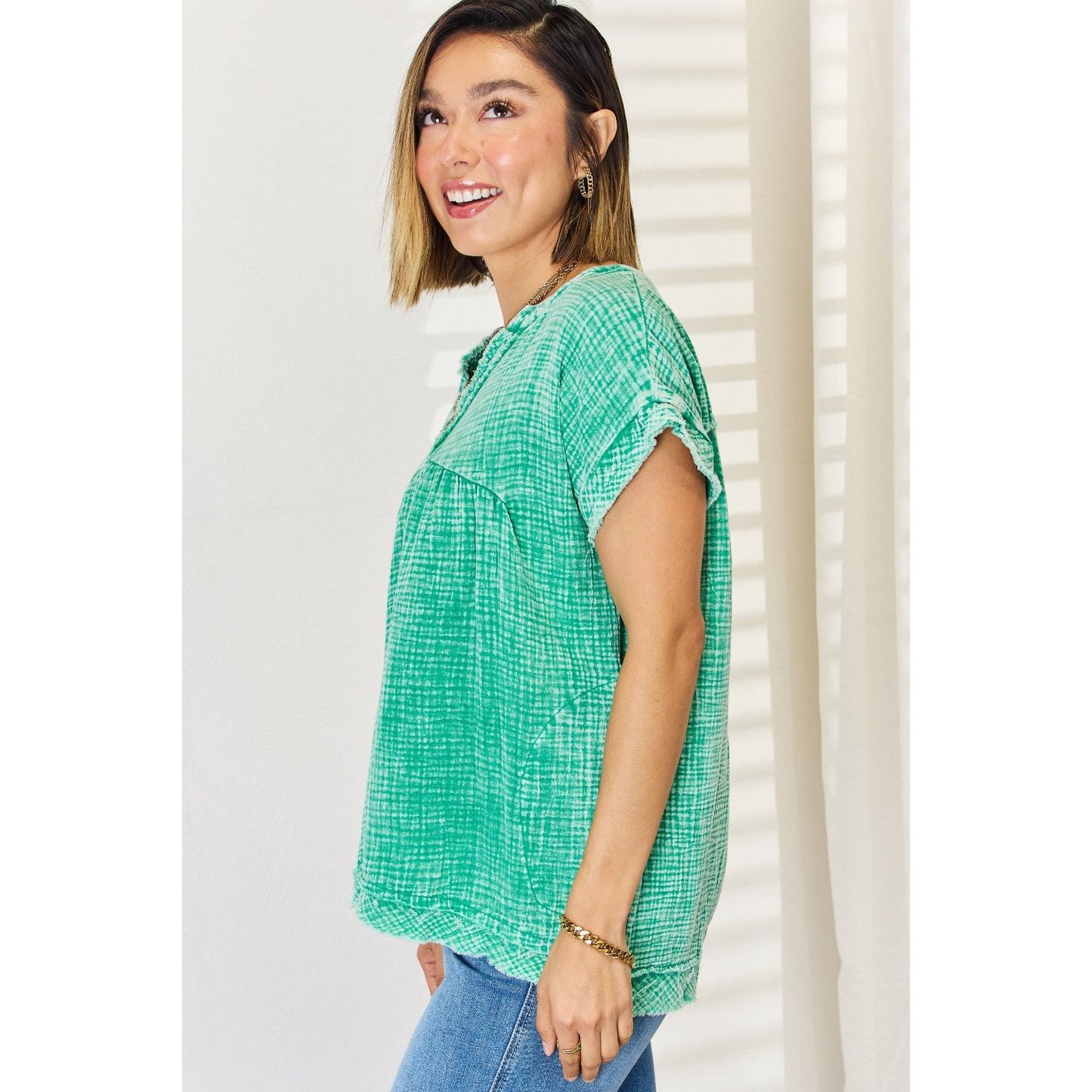 Zenana Washed Raw Hem Short Sleeve Blouse with Pockets