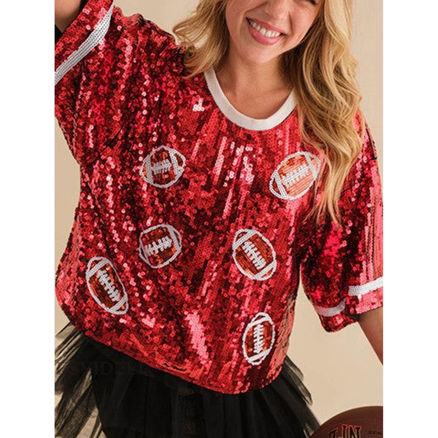 Sequin Football Round Neck Half Sleeve Top