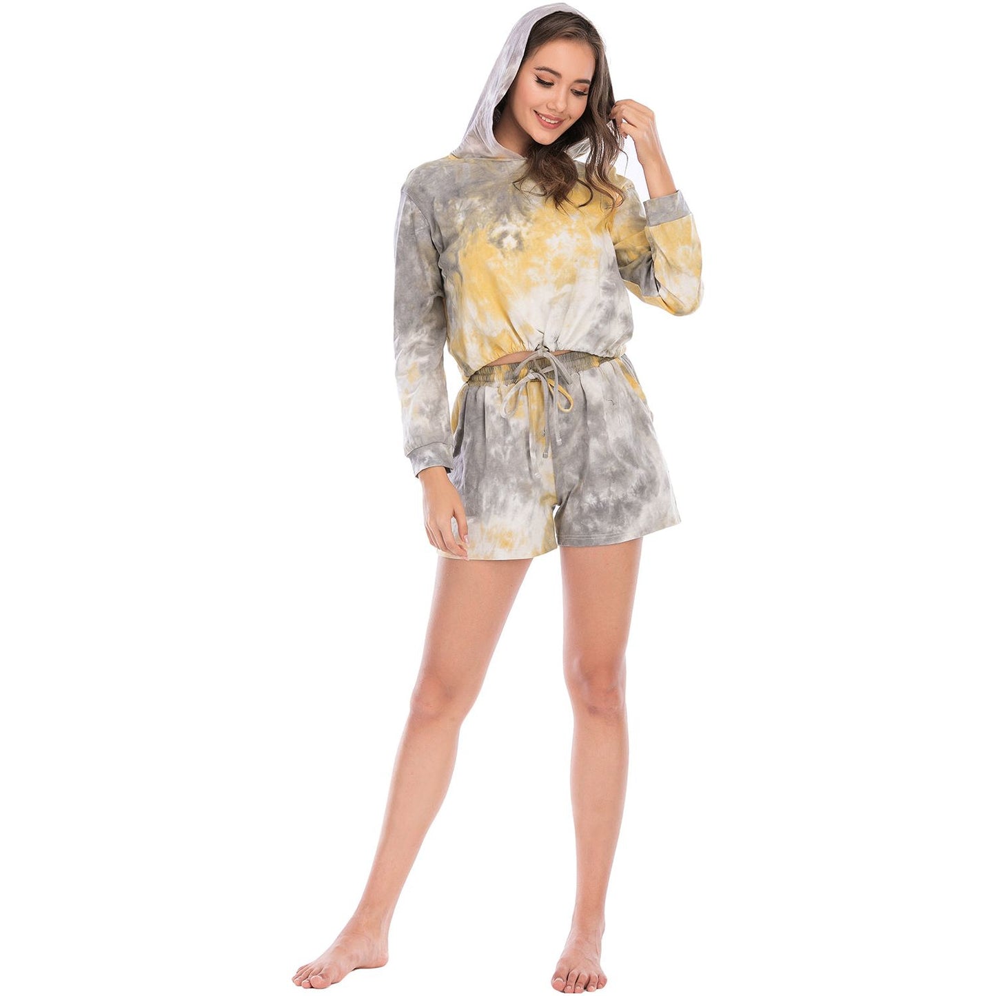 Tie-Dye Drawstring Hooded Top and Shorts Set