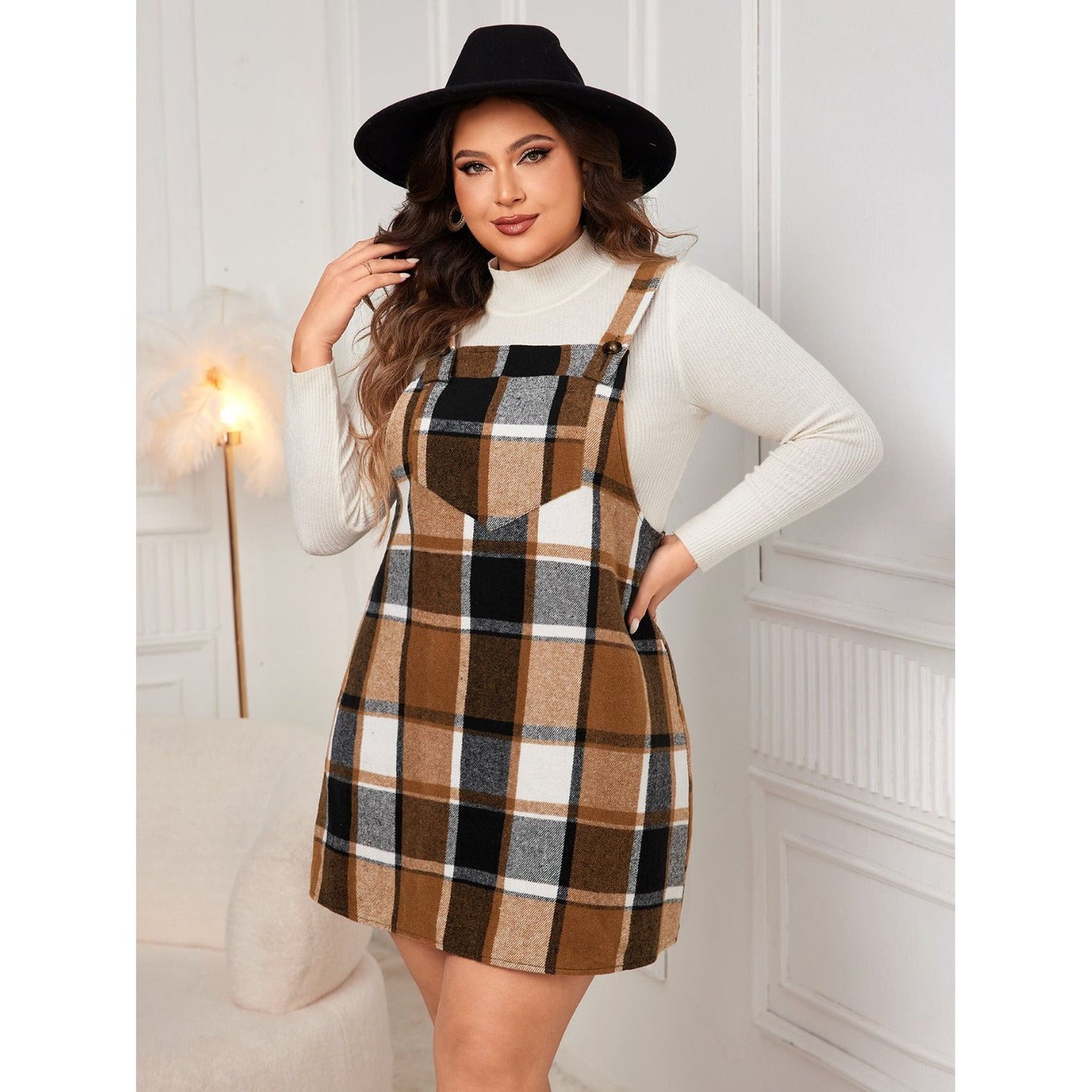 Honey Plus Size Plaid Wide Strap Overall Dress