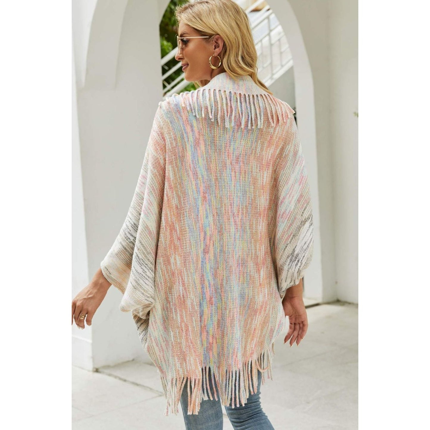 Multicolored Fringe Trim Poncho