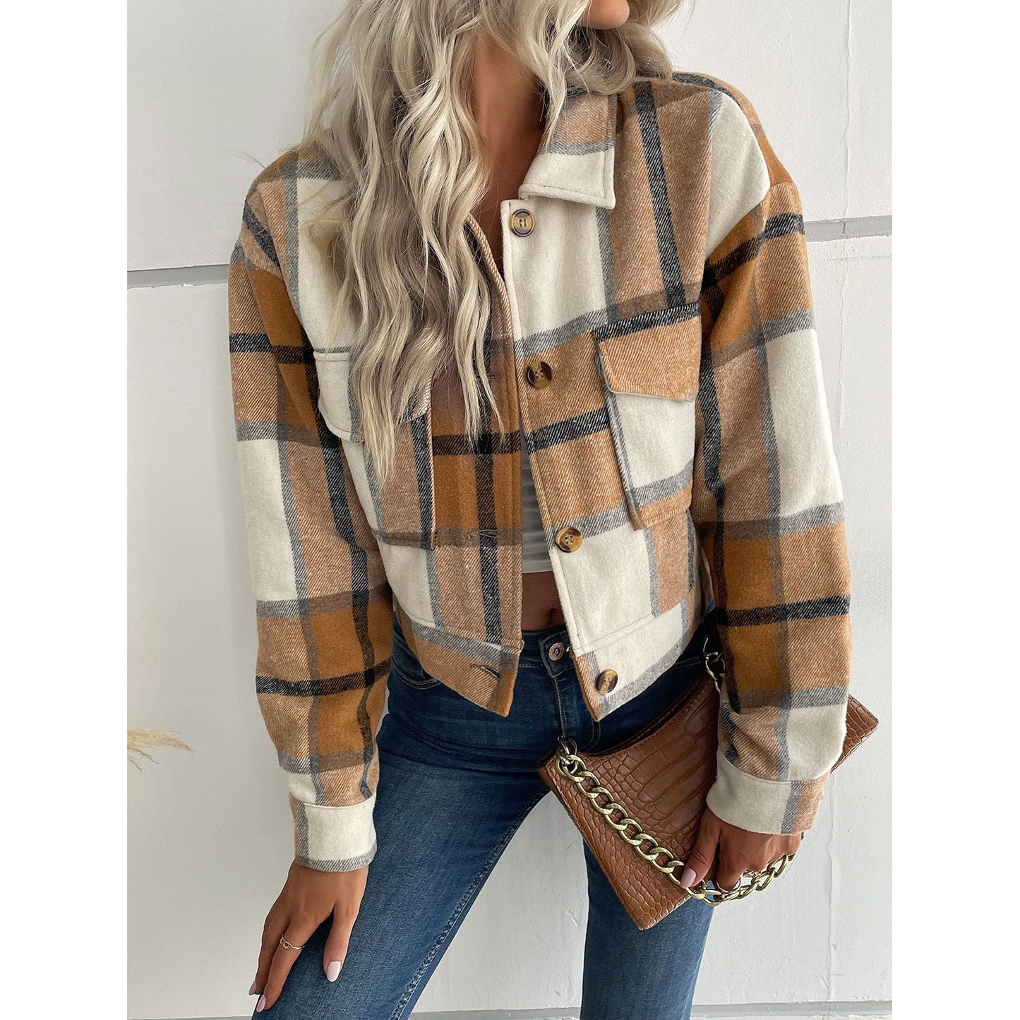 Perfee Plaid Button Up Drop Shoulder Cropped Jacket