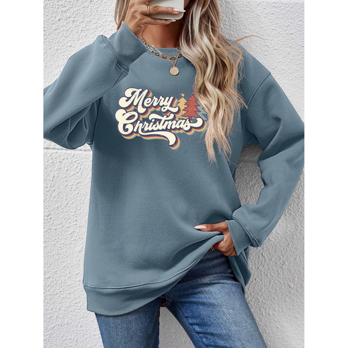 Christmas Letter Graphic Round Neck Sweatshirt