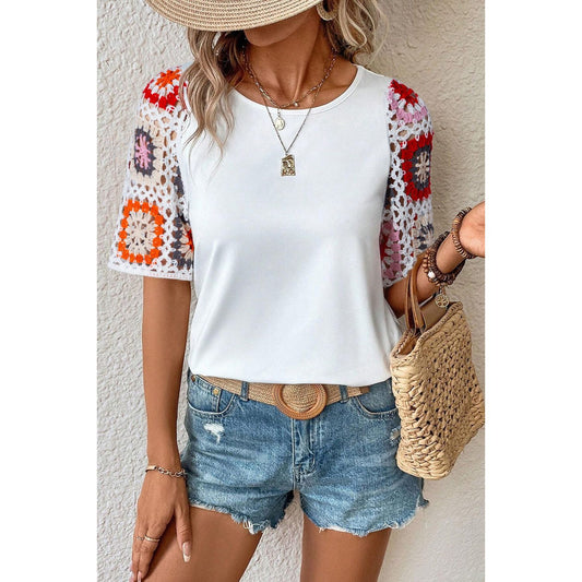 Geometric Round Neck Short Sleeve Blouse