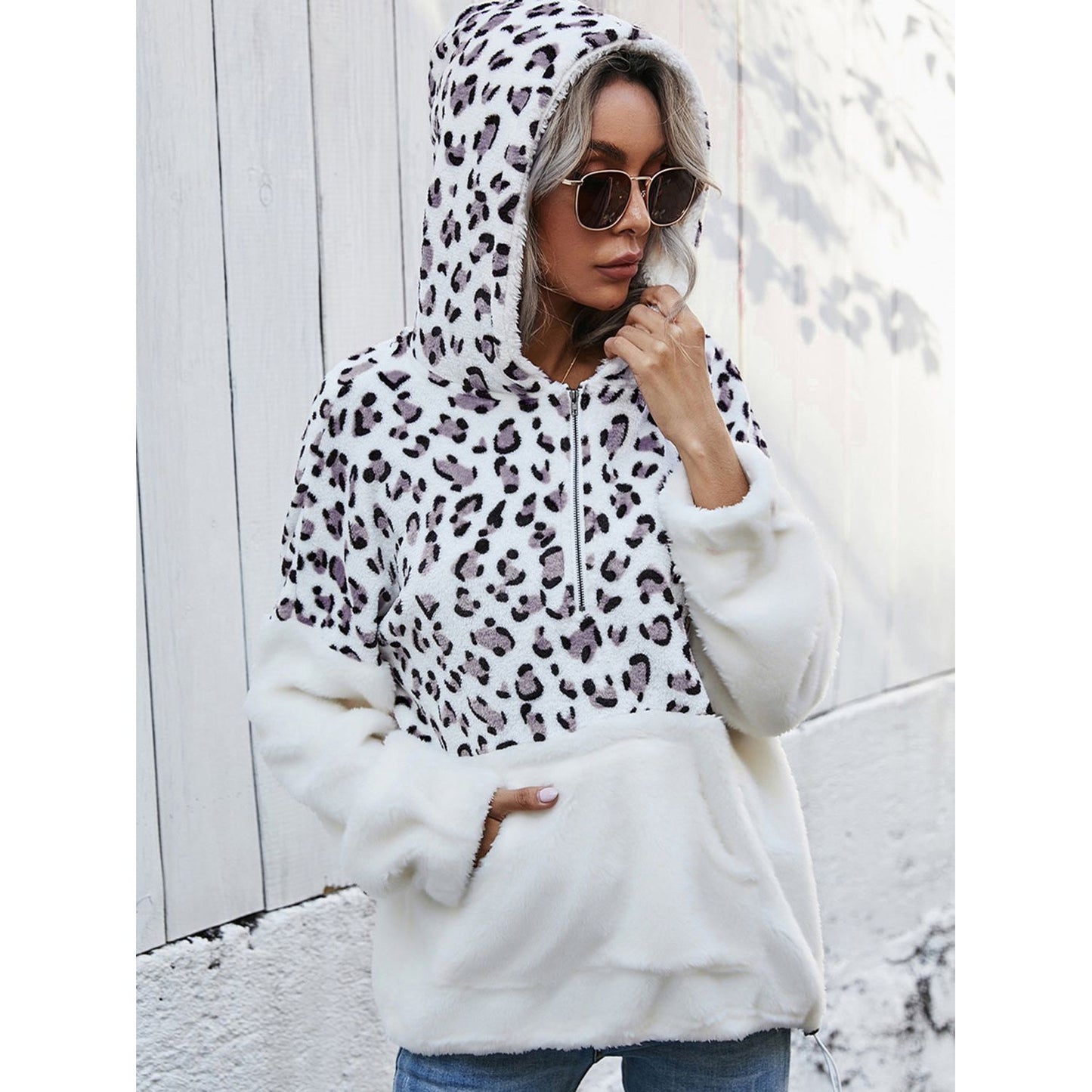 Shiny Leopard Half-Zip Dropped Shoulder Hoodie