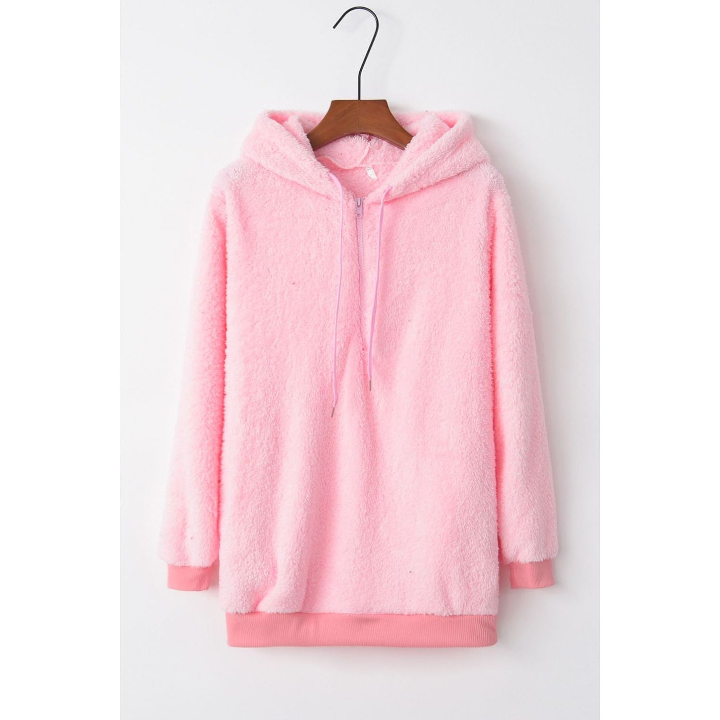 Full Size Quarter-Zip Drawstring Teddy Hoodie