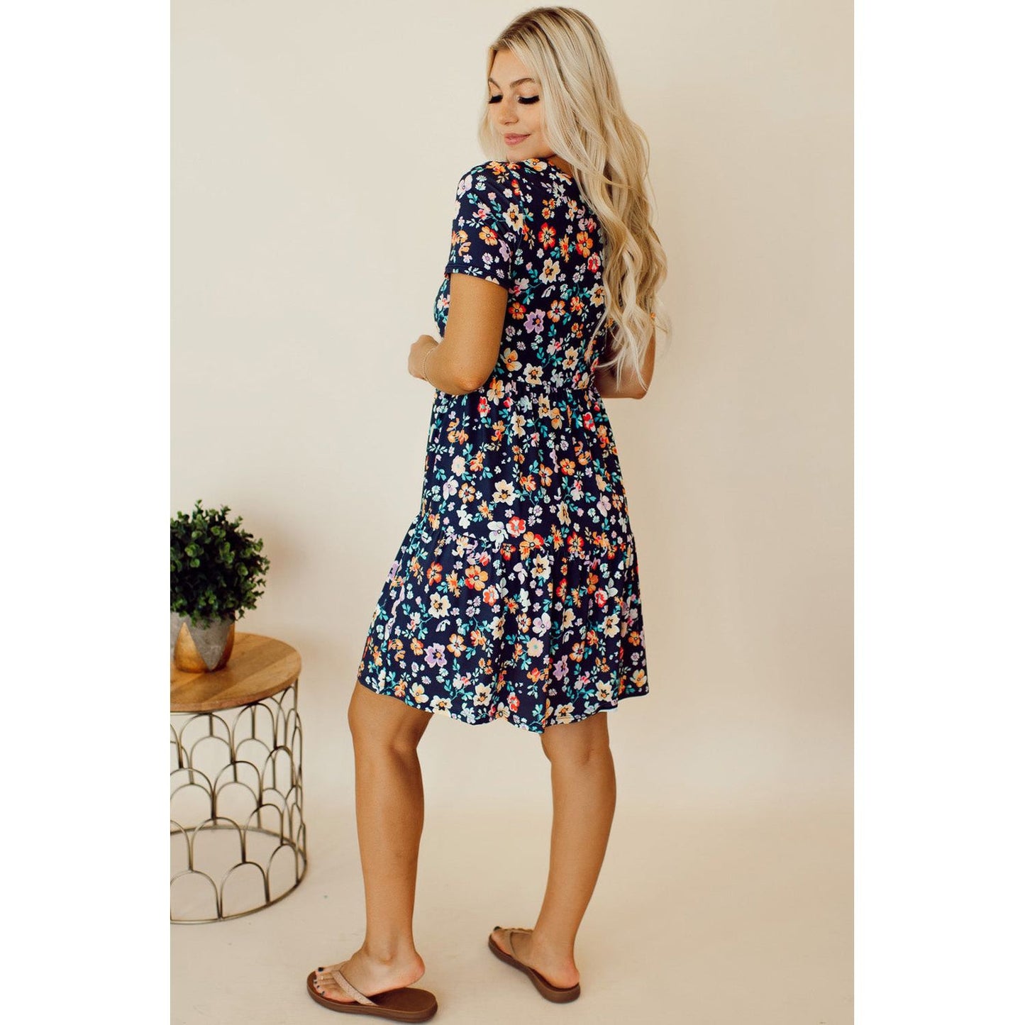 Floral Round Neck Short Sleeve Mini Dress