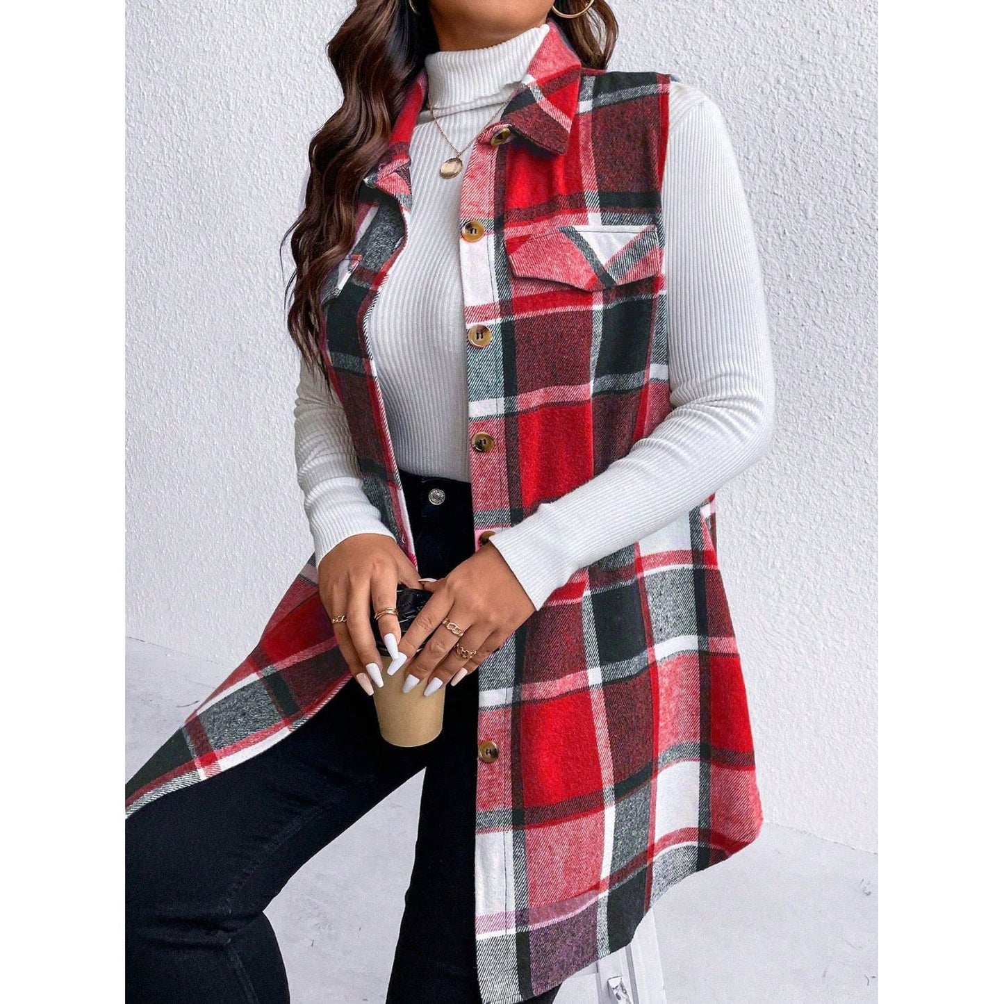 Honey Plus Size Pocketed Plaid Button Up Vest Coat