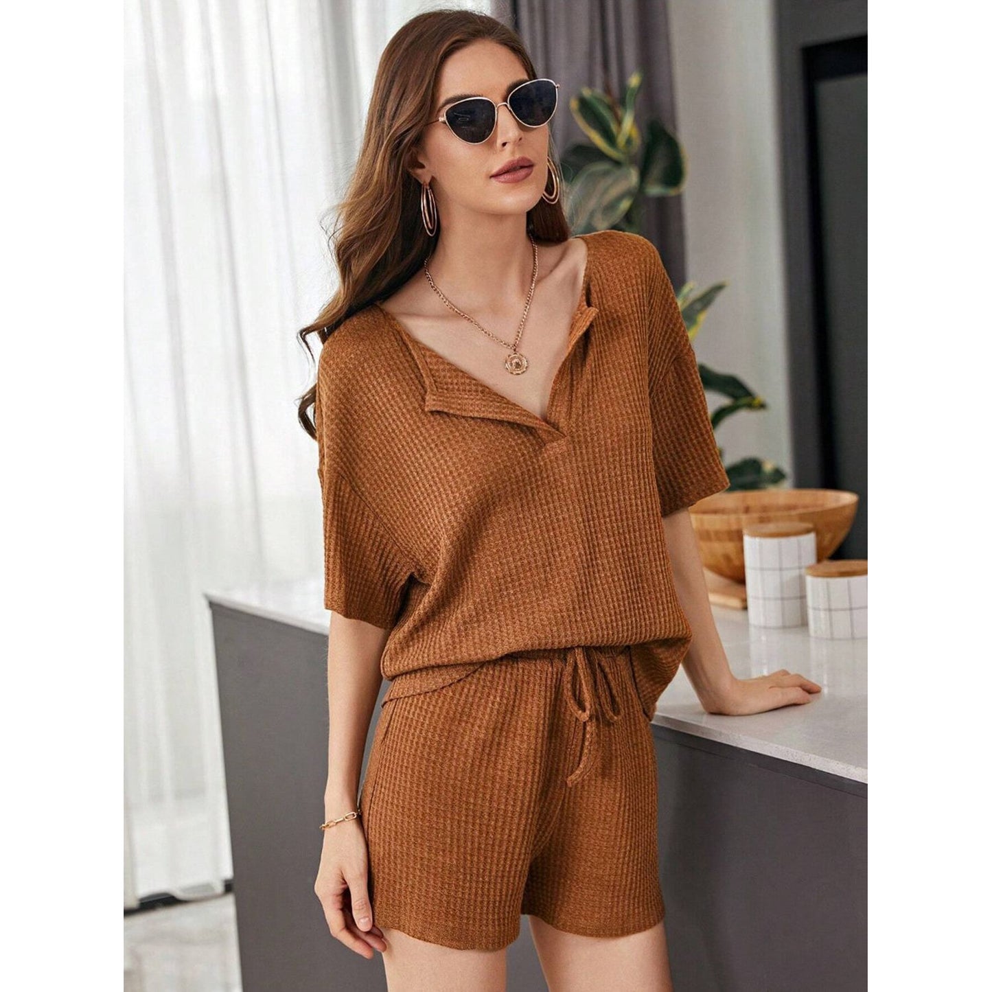 Full Size Waffle-Knit Dropped Shoulder Top and Shorts Set