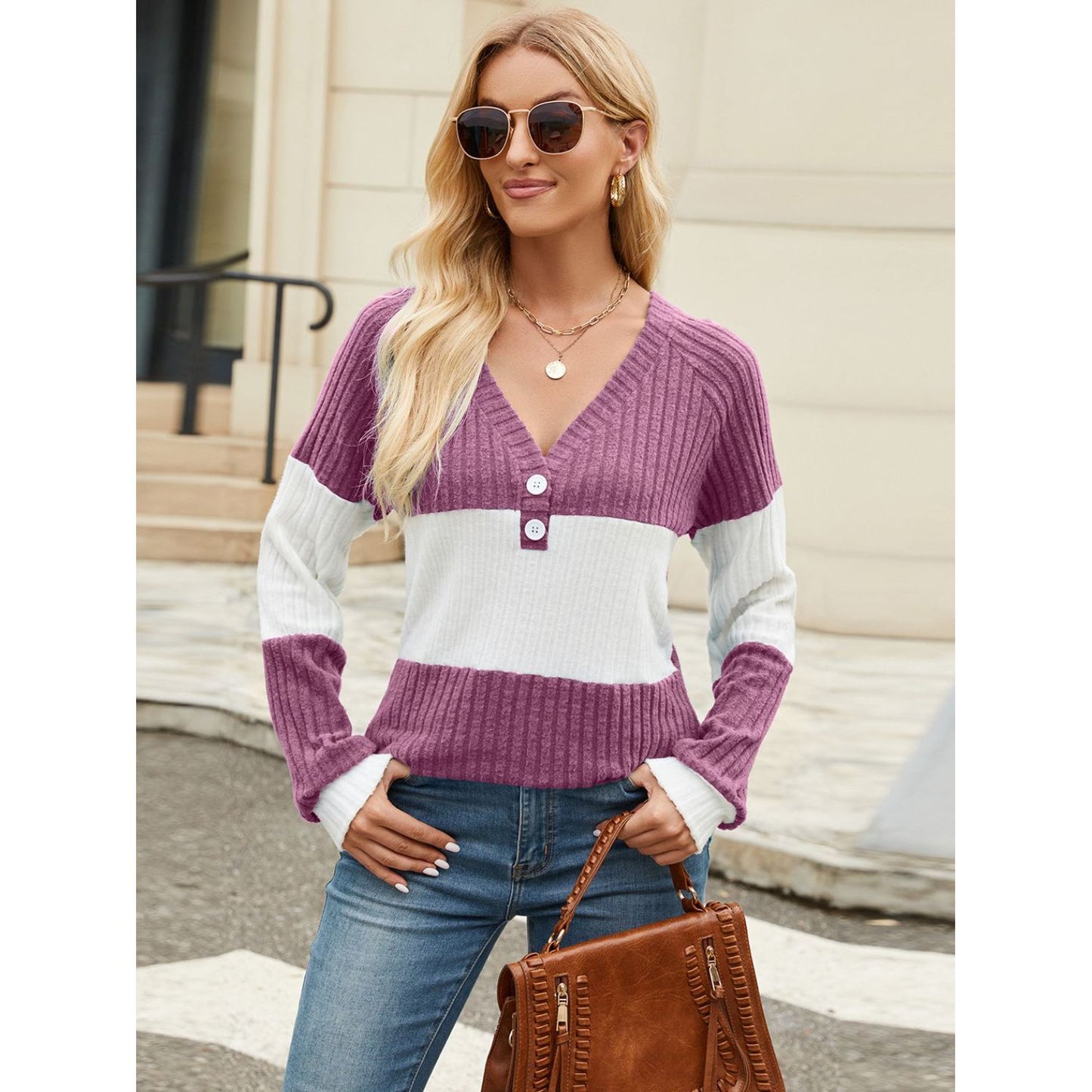 Color Block V-Neck Long Sleeve T-Shirt